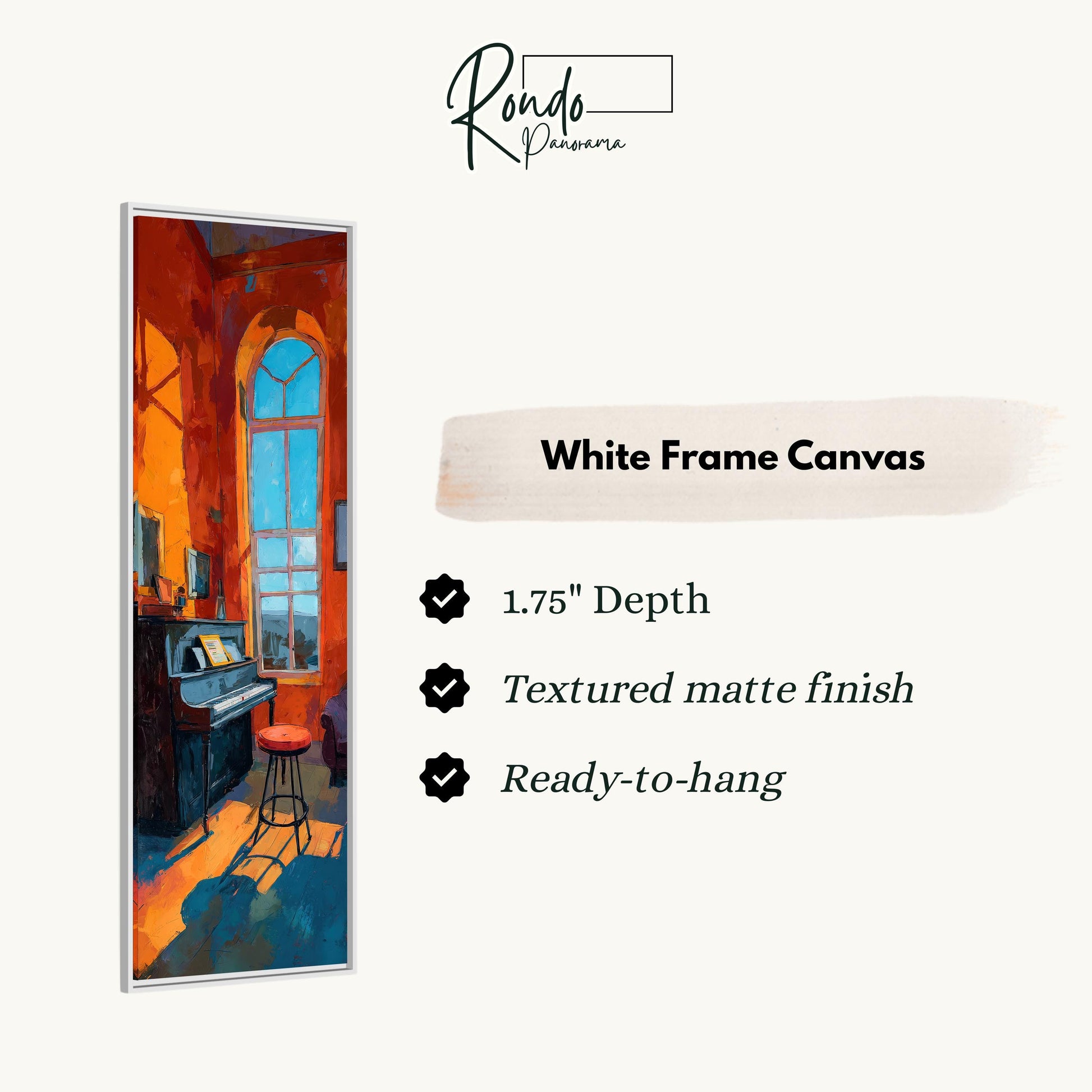 The image is a white frame canvas depicting a room with a piano and a stool.
