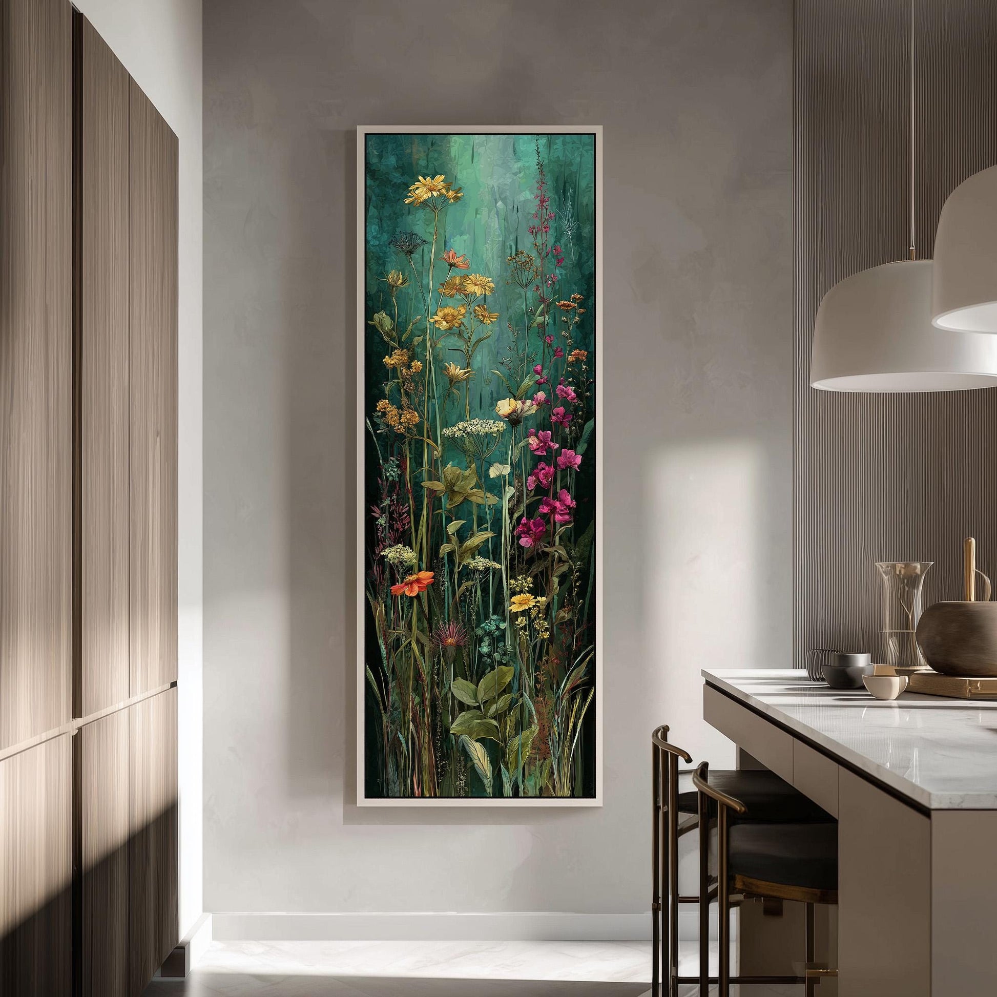 a large, framed painting of a vibrant garden scene with colorful flowers and lush greenery hanging on a wall in a modern kitchen.