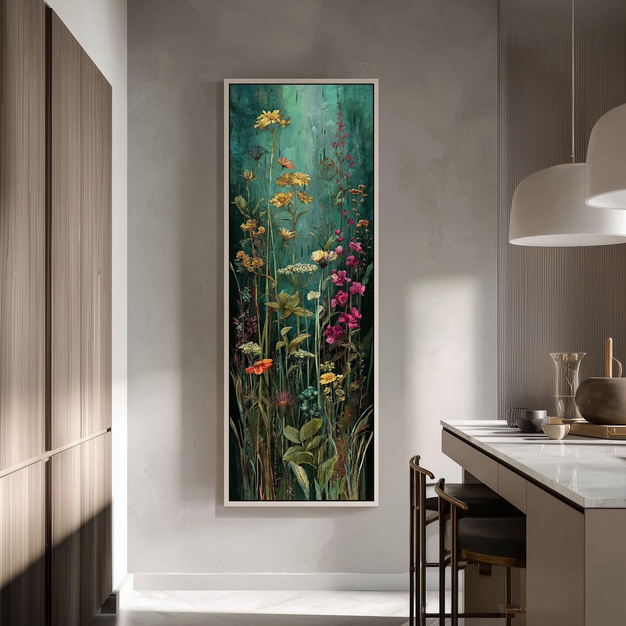 a large, framed painting of a vibrant garden scene with colorful flowers and lush greenery hanging on a wall in a modern kitchen.