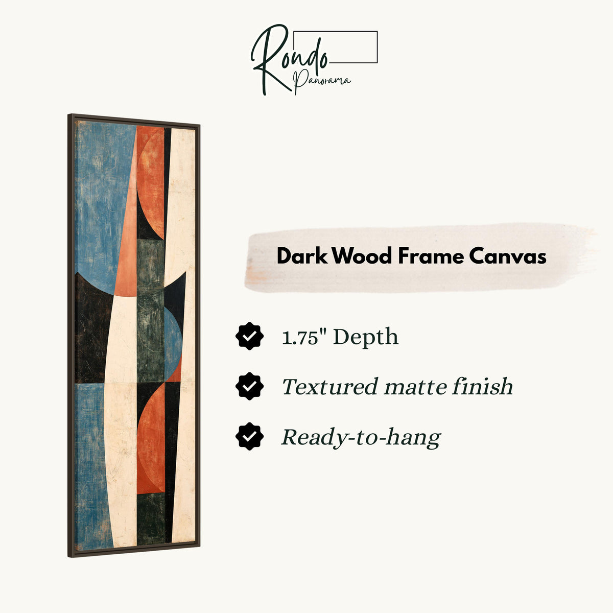 Textured curves in blue, orange and black canvas print in a dark wood floating frame