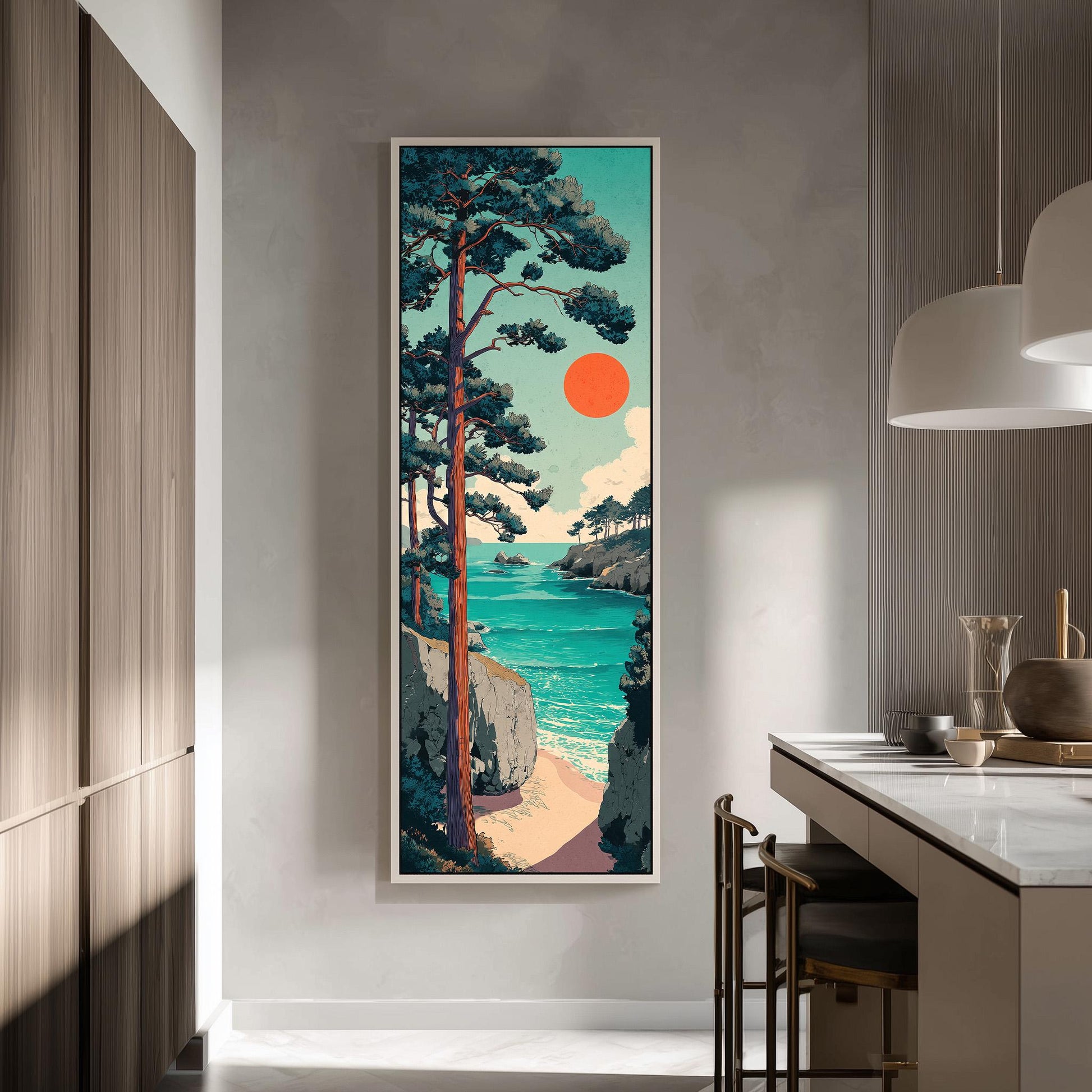 a large framed painting of a serene landscape depicting a beach with a cliff, trees, and a bright orange sun in the sky.