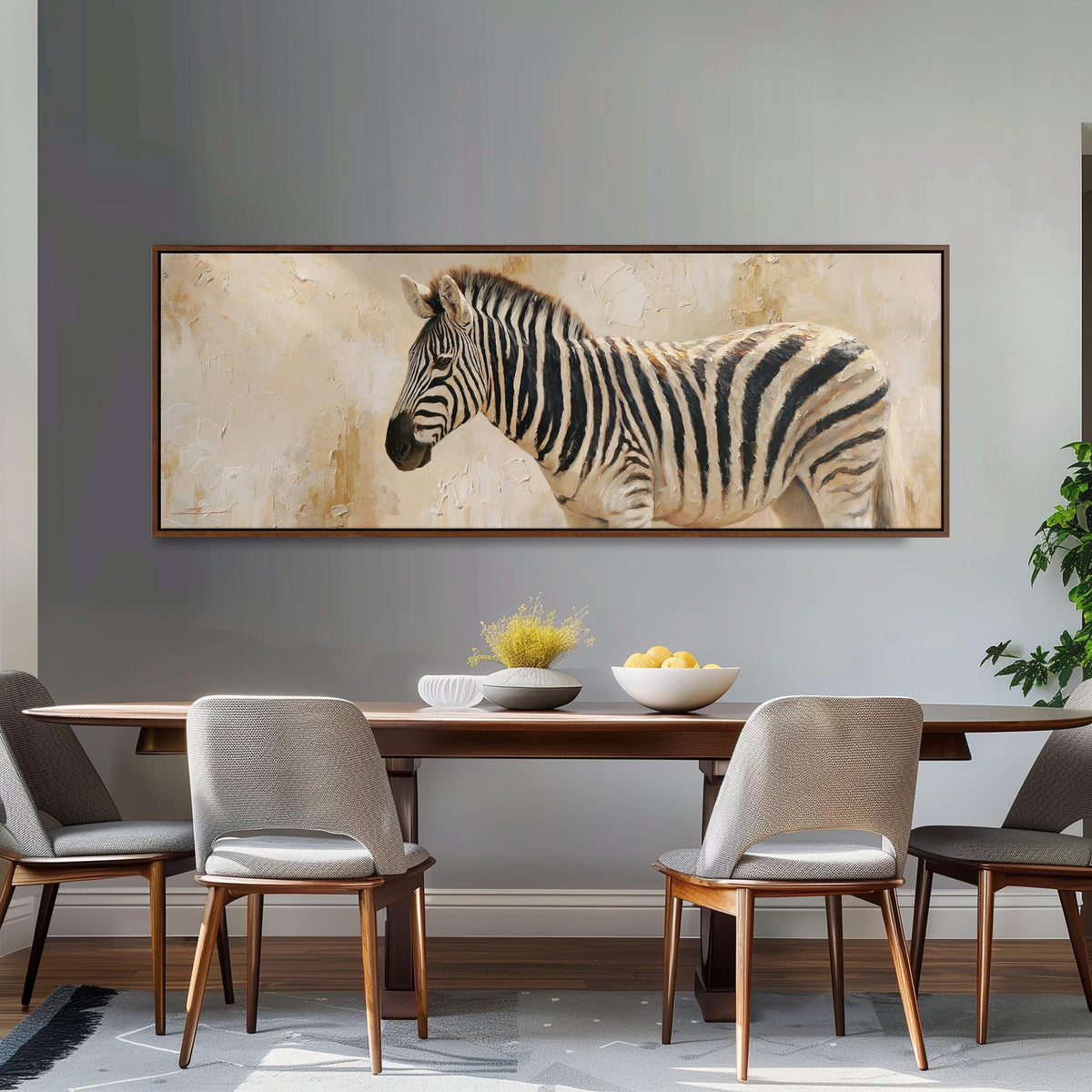 Zebra on a sandy textured background long horizontal canvas print above a dining table