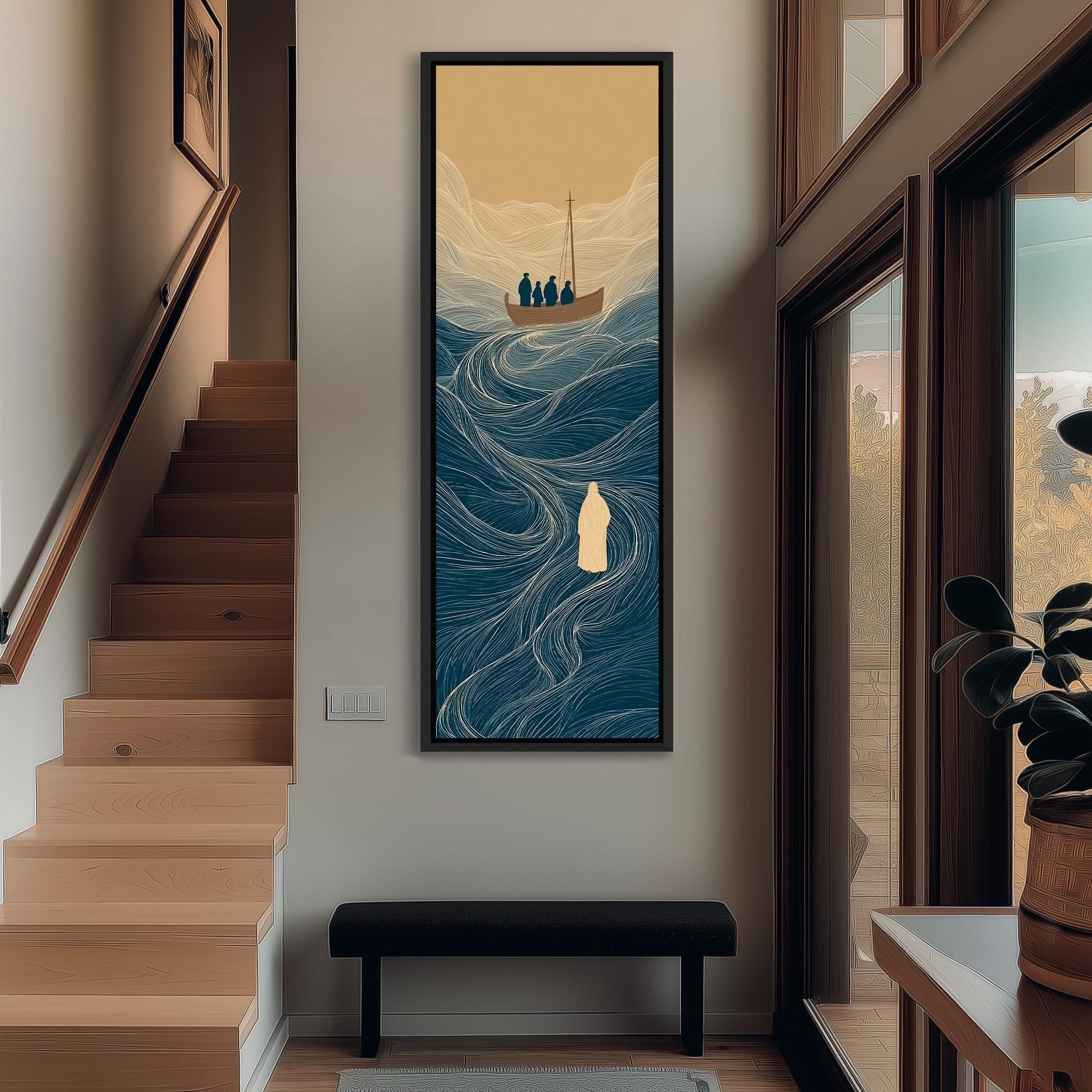 a large painting of a boat on a wave, hanging on a wall in a hallway.