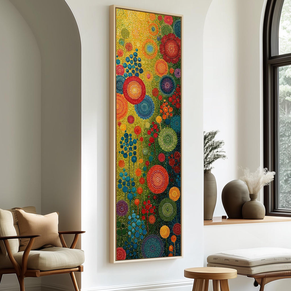 Dot mandala florals long vertical canvas print in a sunlit living space