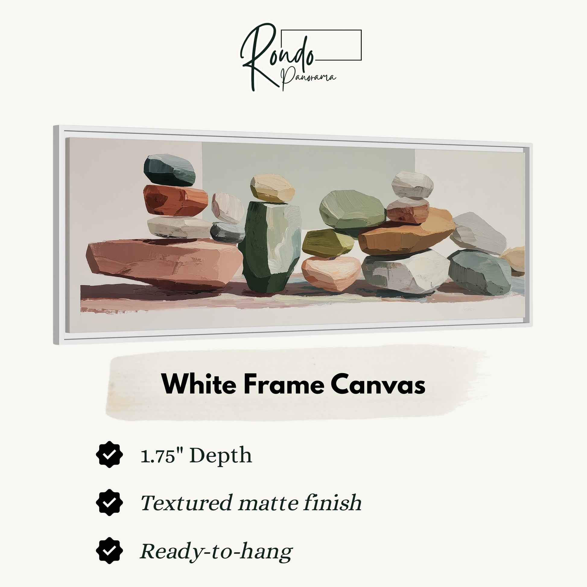 The image is a white frame canvas featuring a painting of stacked rocks in various shades of green, brown, and gray.