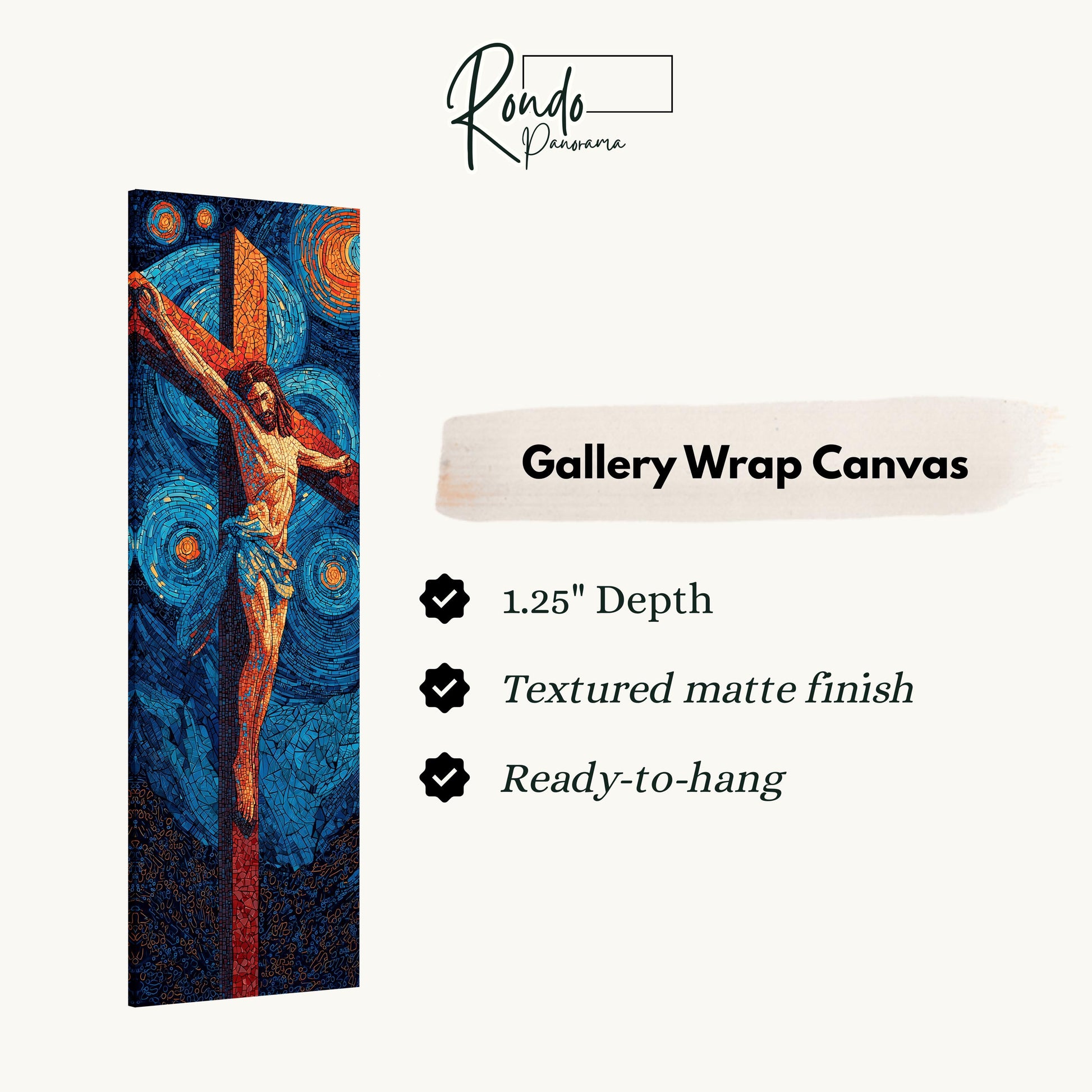 The image is a gallery wrap canvas featuring a painting of Jesus Christ on the cross.
