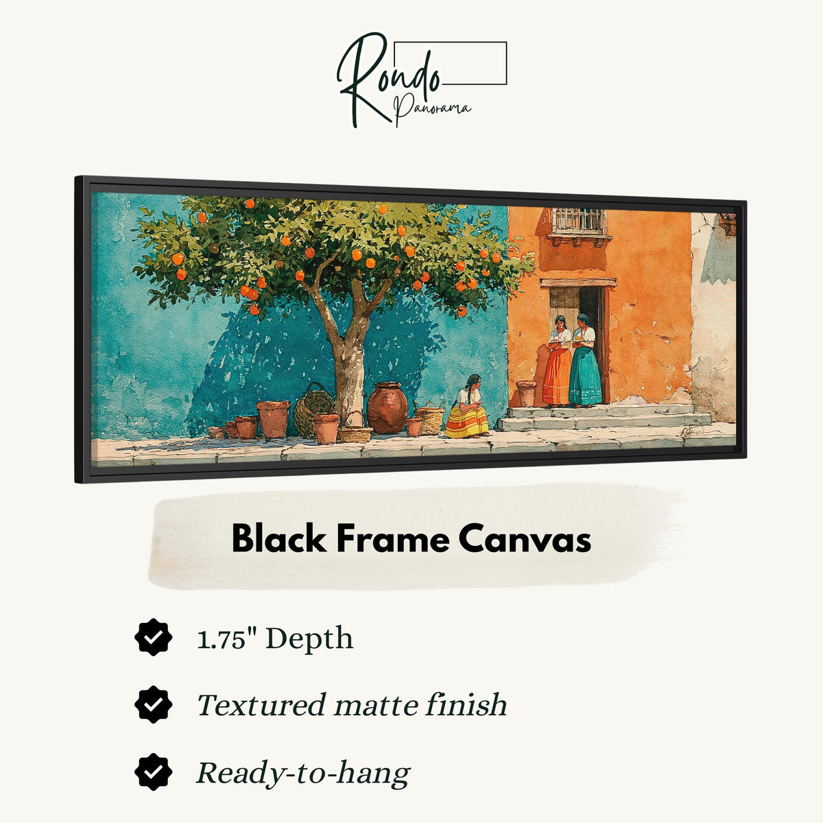 Orange tree on a colorful village street canvas print in a black floating frame