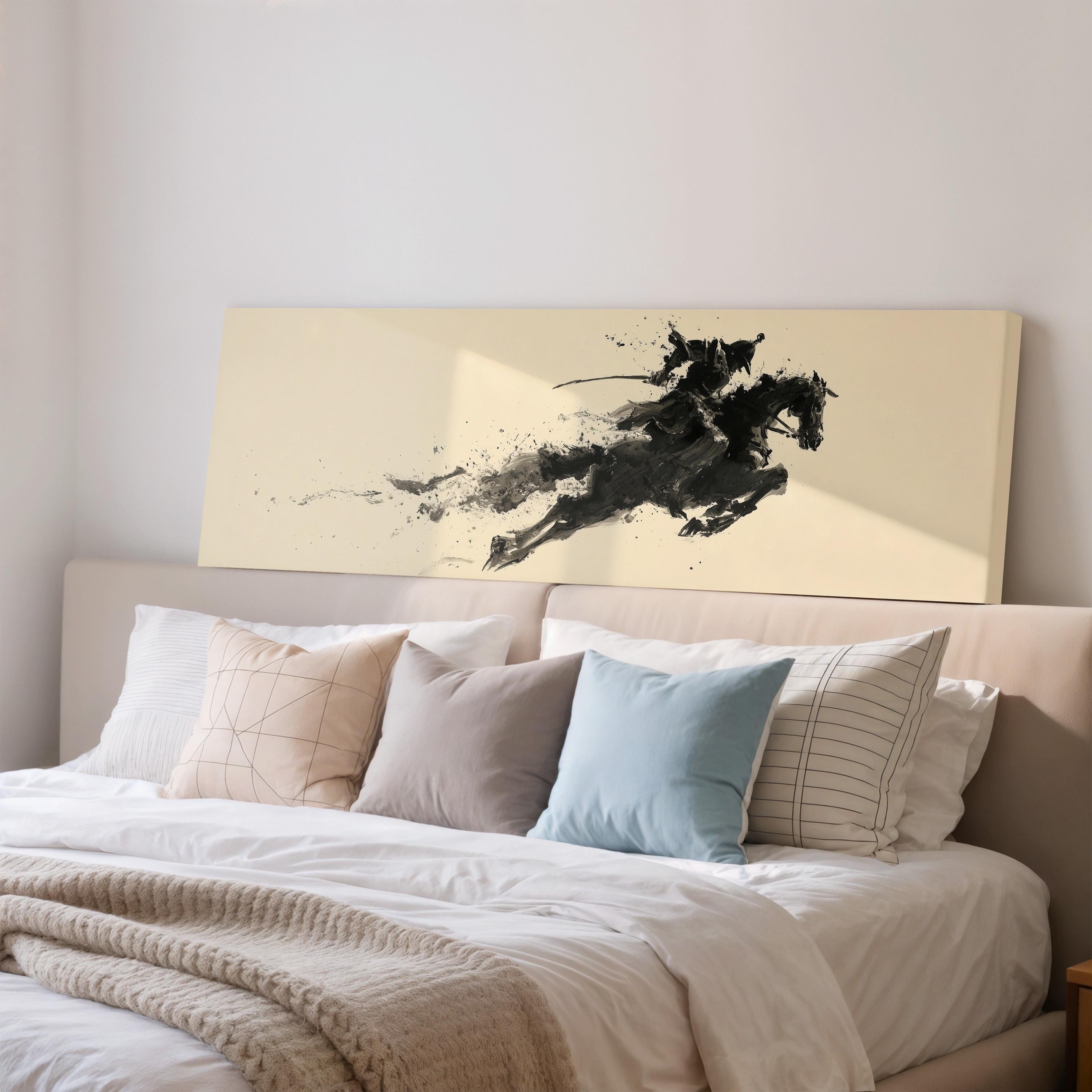 a large bed with a white comforter and various pillows, including a blue pillow and a striped pillow. Above the bed, there is a large canvas print depicting a horse in mid-gallop.