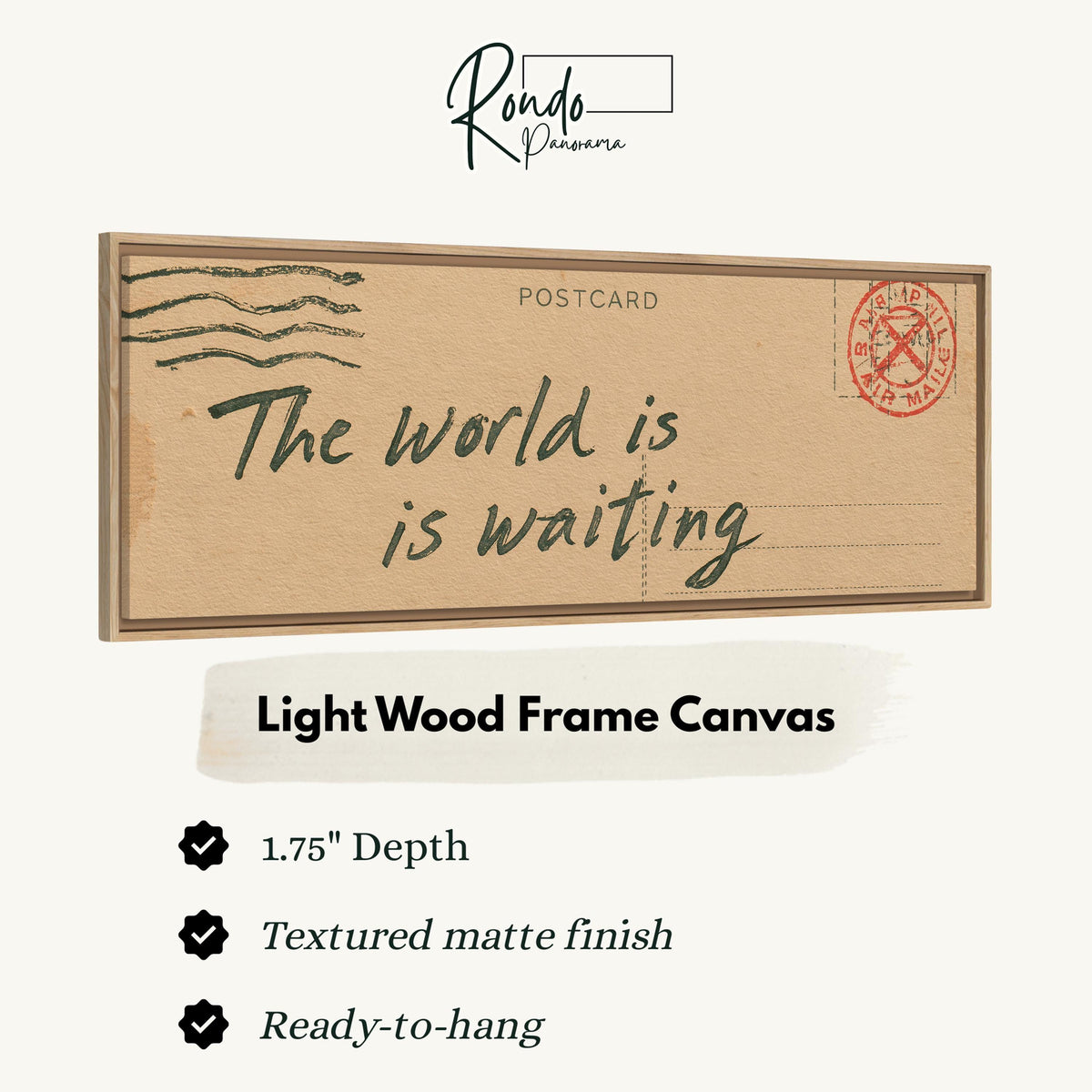 Vintage postcard saying the world is waiting canvas print in a light wood floating frame