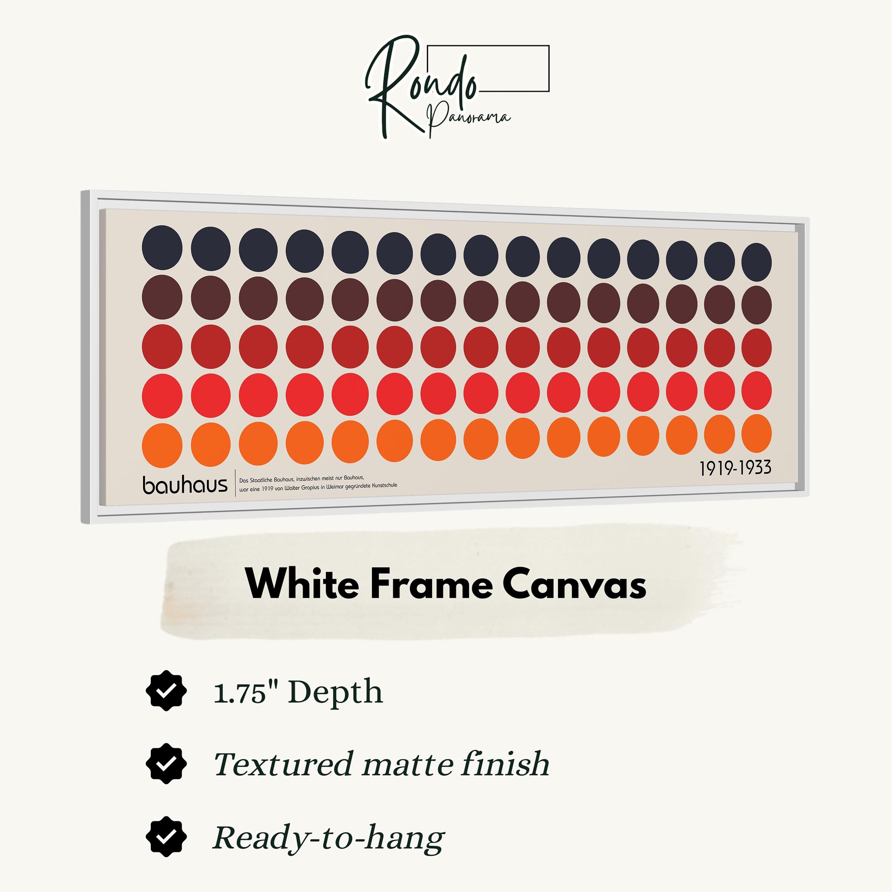 The image is a white frame canvas with a repeating pattern of circles in various colors, including red, orange, yellow, green, blue, and purple. The canvas has a 1.75" depth and is textured with a matte finish. It is ready-to-hang and is a product of the Rondo Bauhaus art studio in Berlin, Germany, created in 1939.