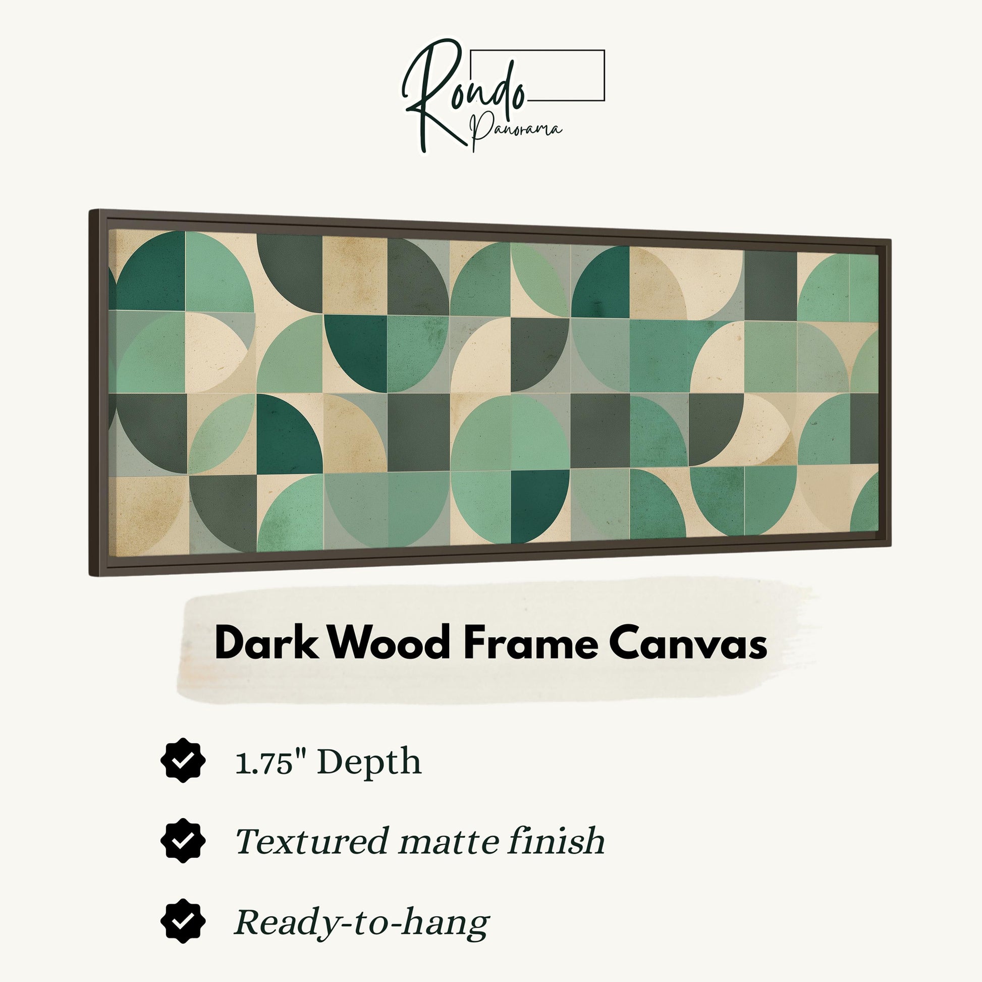 The image is a framed artwork featuring a geometric design with overlapping circles in various shades of green and beige.