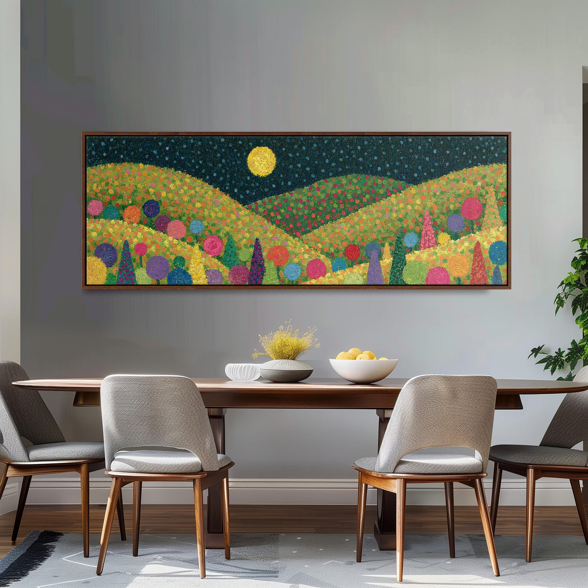 Moonlit pastel flower hills long horizontal canvas print above a dining table