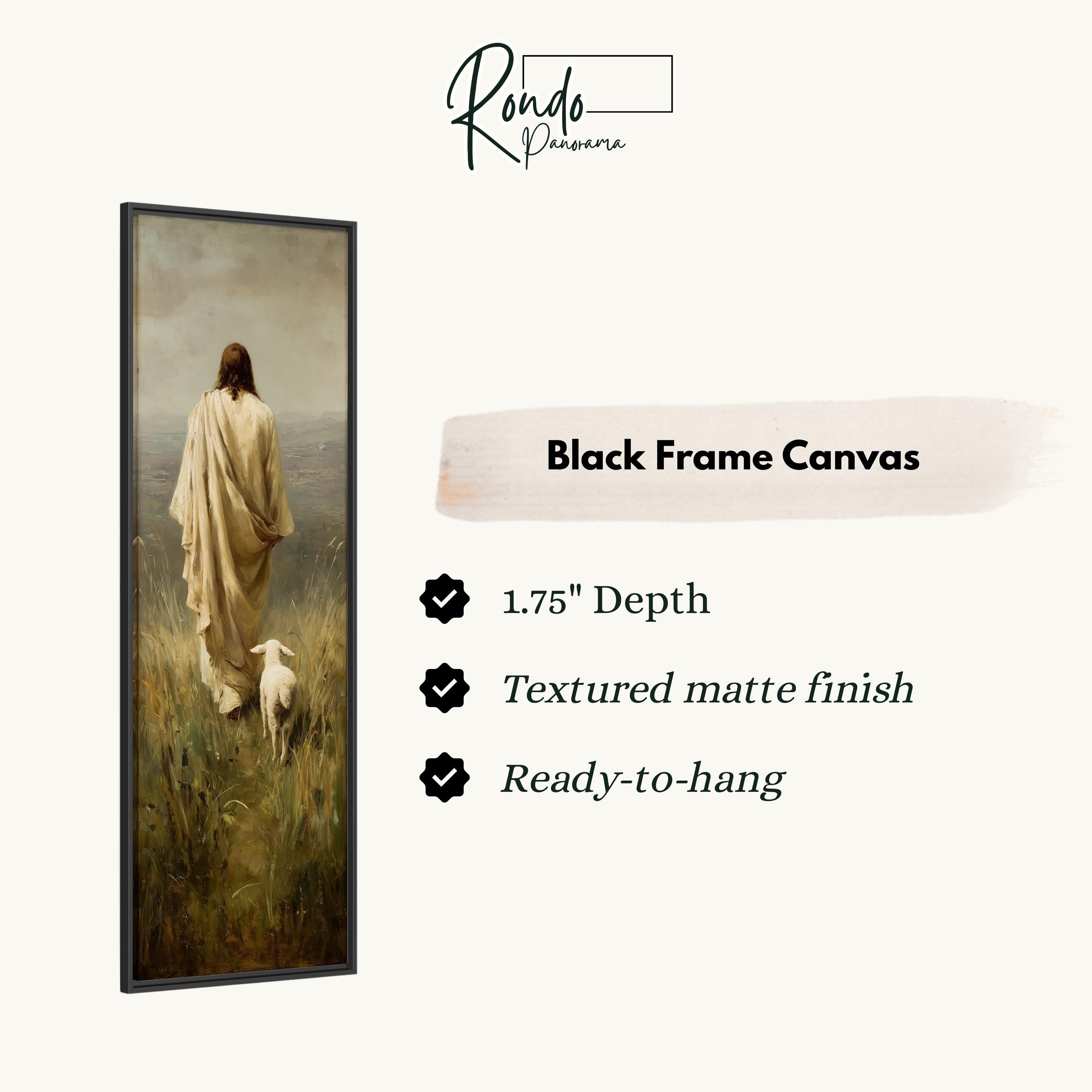 The image is a black frame canvas depicting a painting of a person walking in a field with a lamb.