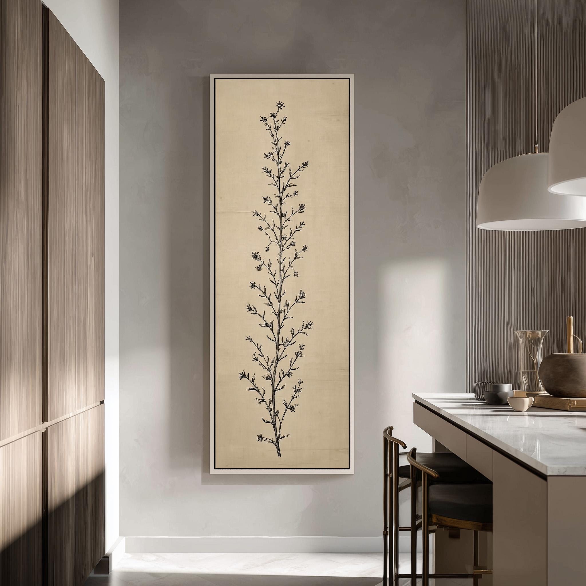 a modern kitchen with a large framed artwork of a tree on the wall, a wooden cabinet, a countertop with a vase and other decorative items, and a pendant light above the counter.