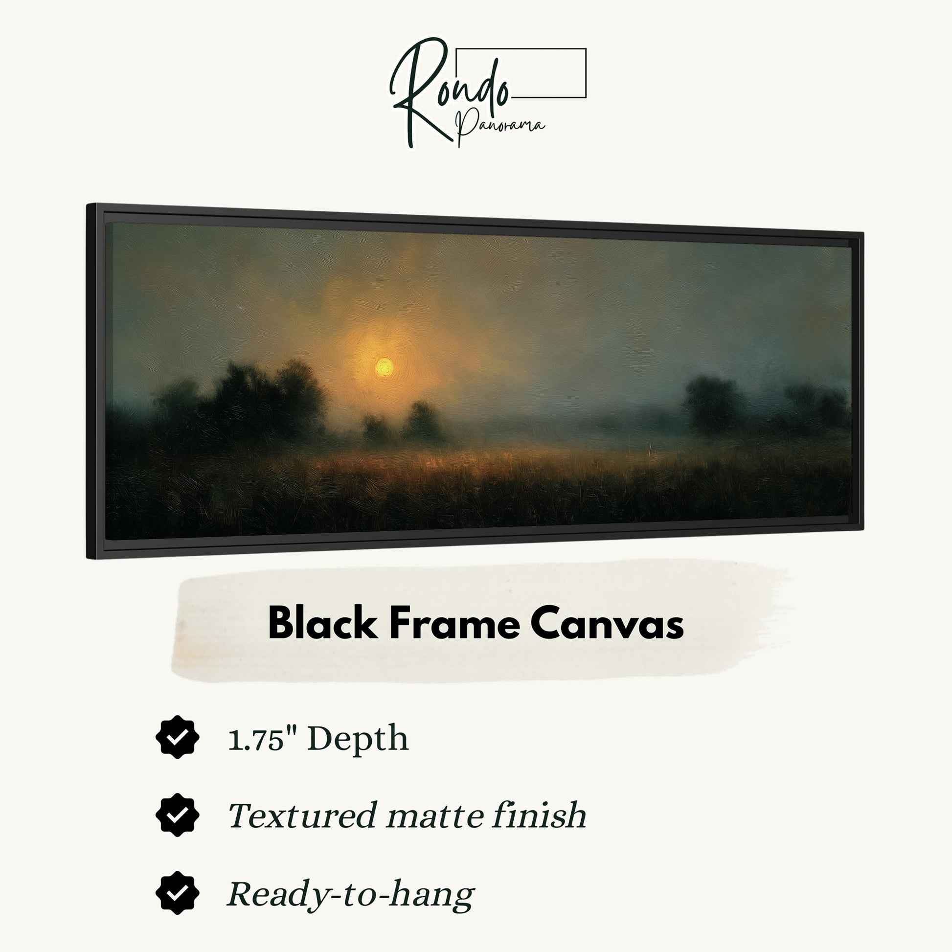 The image is a black frame canvas depicting a landscape with a sunset over a field.