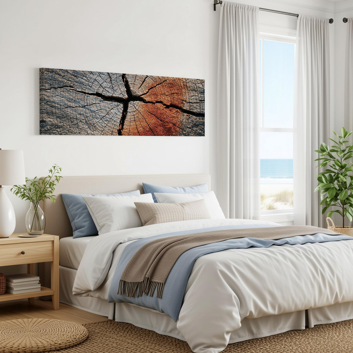 Copper cracked wood grain panoramic canvas print above a bed in a coastal bedroom