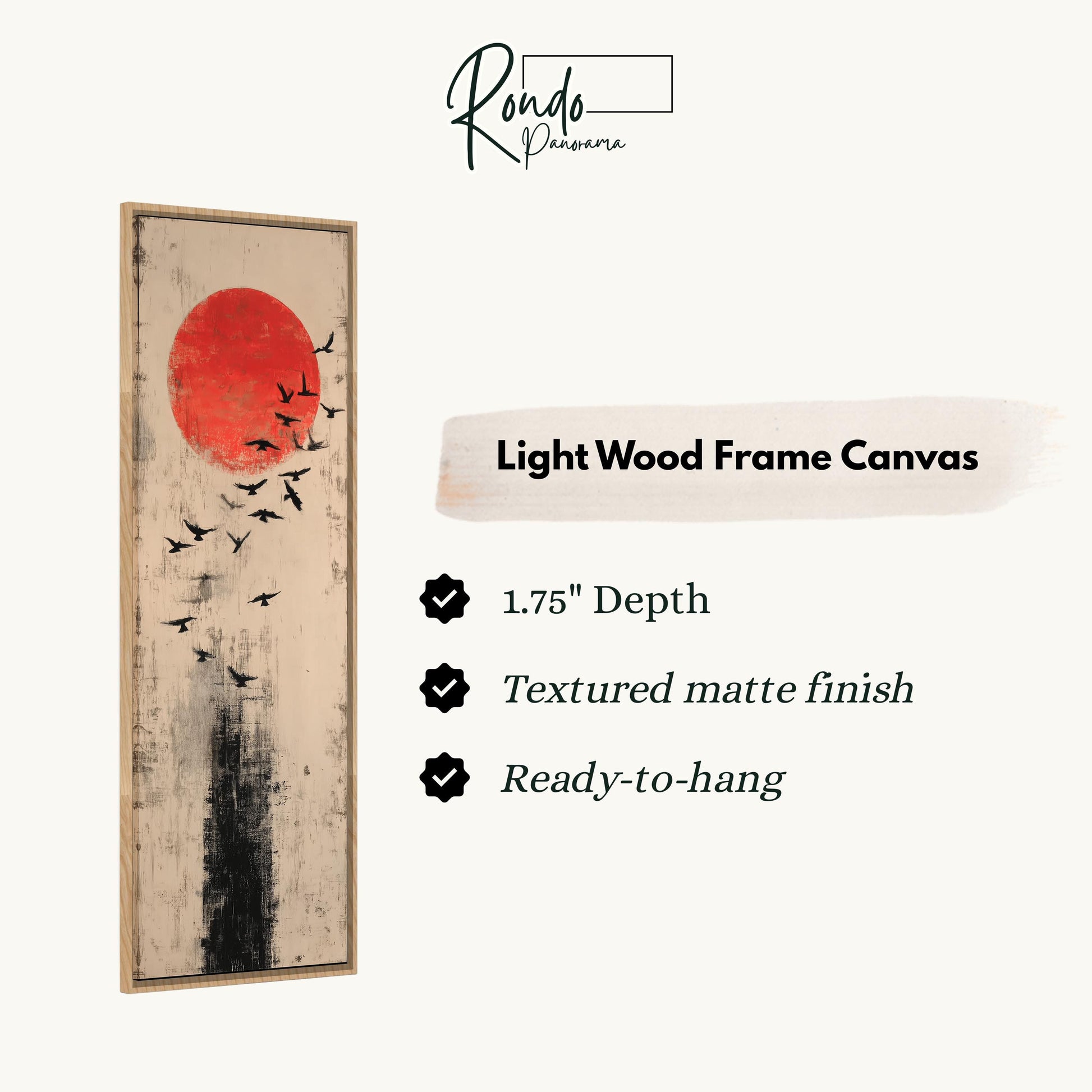 The image is a light wood frame canvas featuring a striking red sun with black silhouettes of birds flying around it.