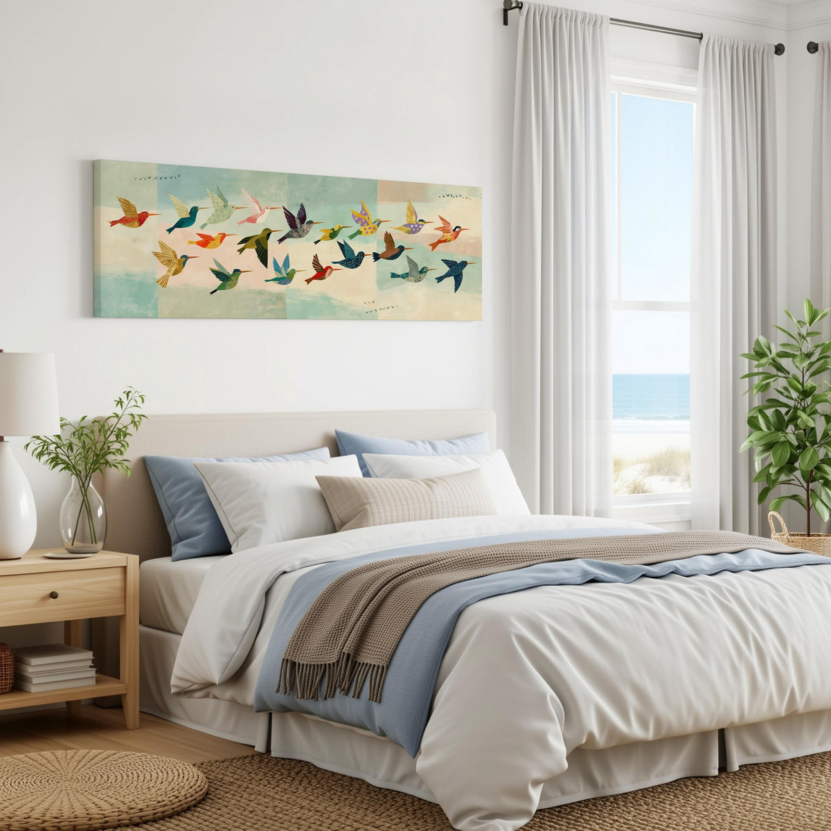 Flock of colorful hummingbirds panoramic canvas print above a bed in a coastal bedroom