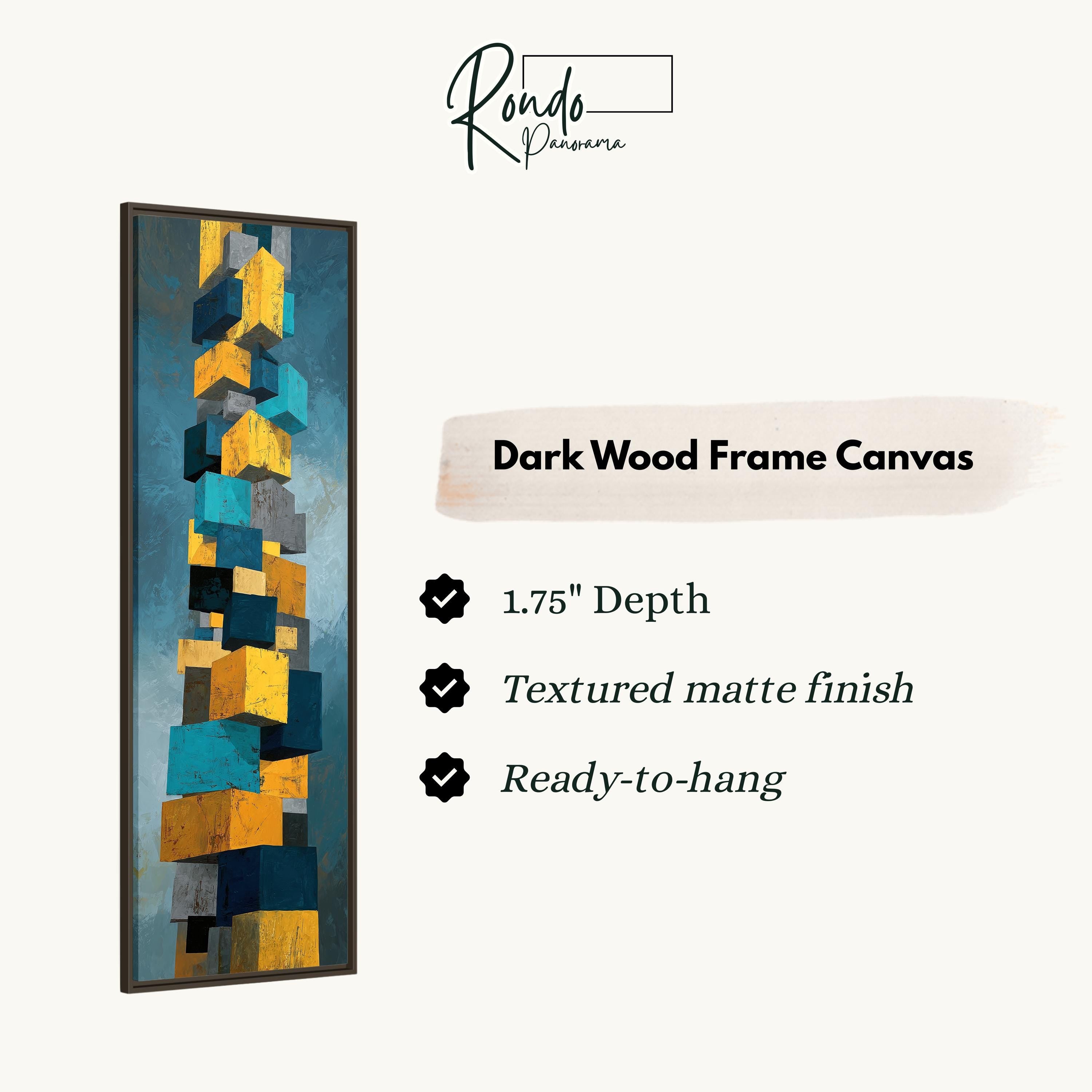 The image is a dark wood frame canvas with a geometric abstract painting of stacked cubes in various shades of blue, yellow, and gray.