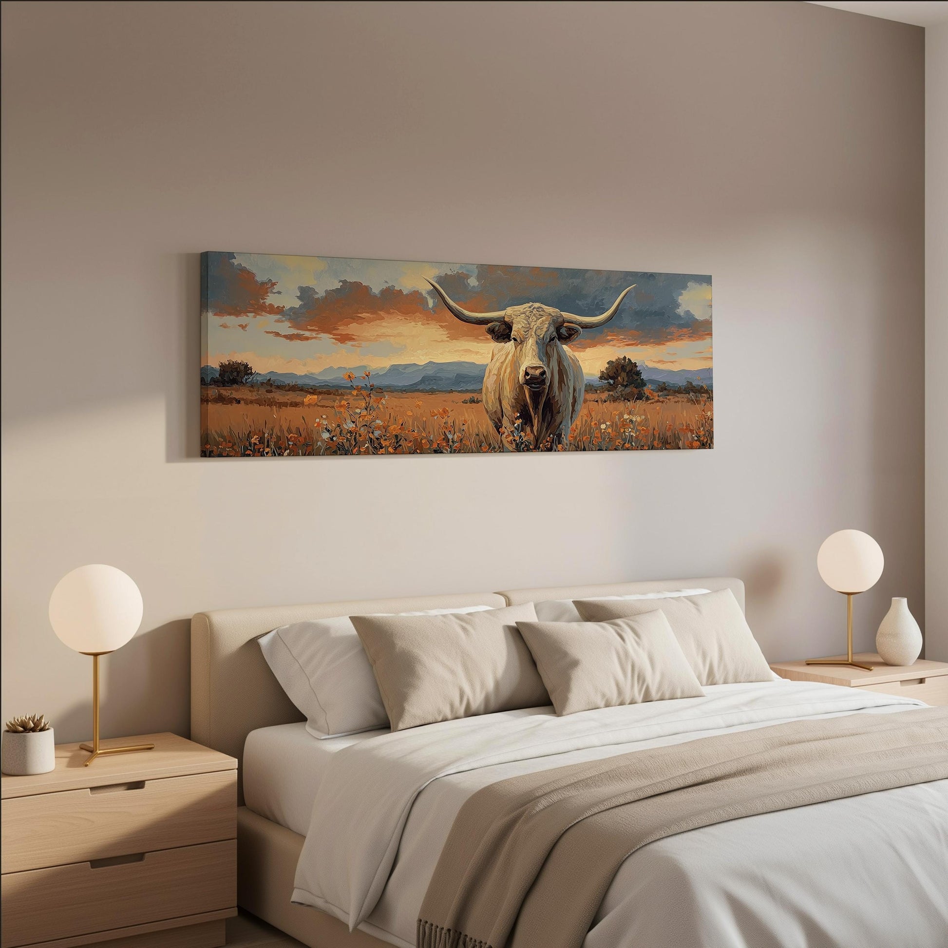 a bedroom with a large bed, two nightstands with lamps, and a painting of a bull with horns hanging on the wall above the bed.