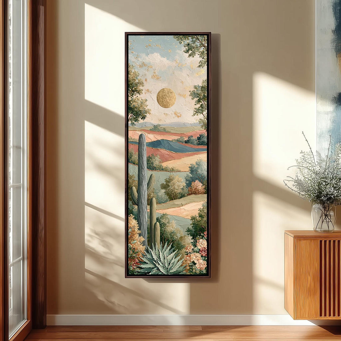 Desert cacti and hills under a pale sun long vertical canvas print in a sunlit living space