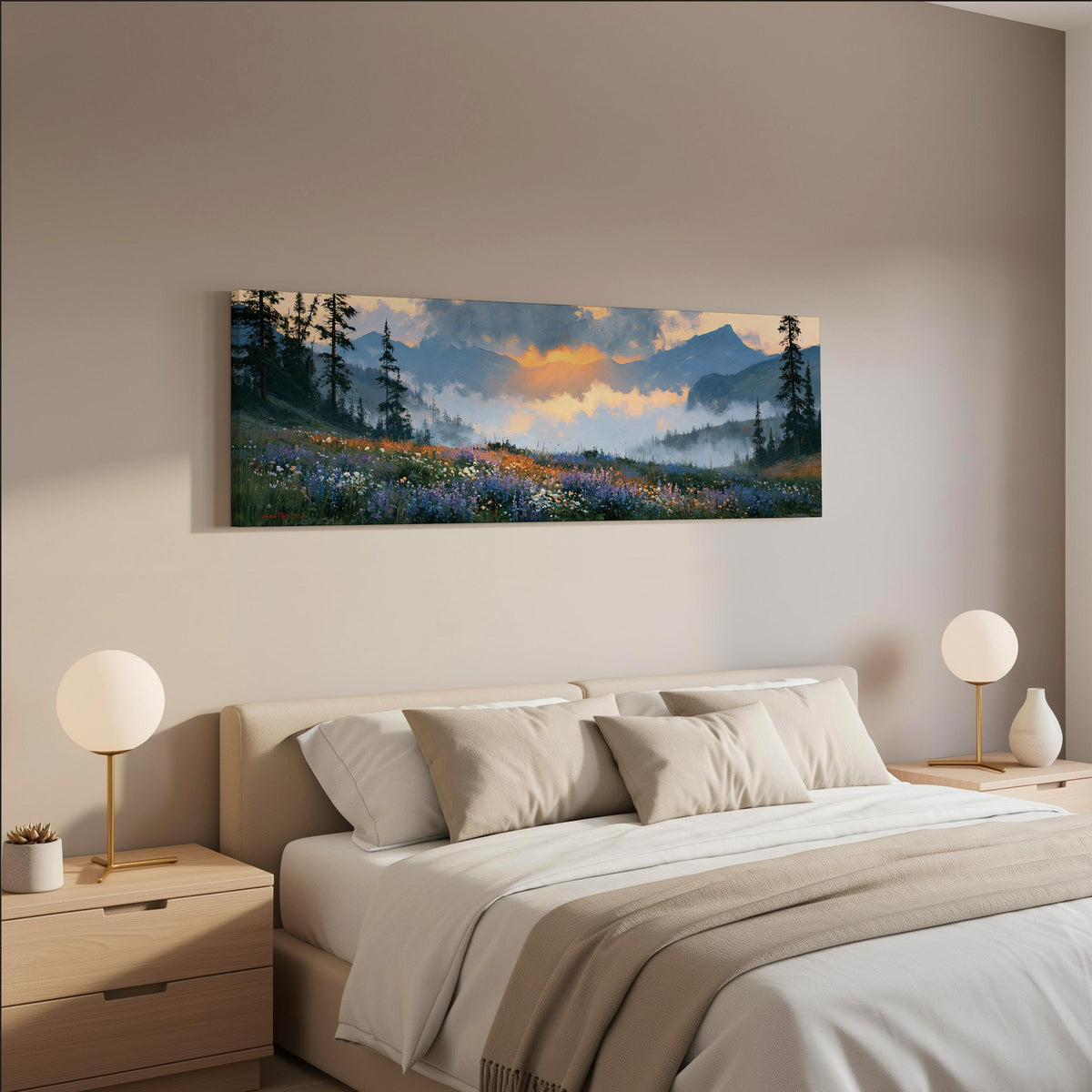 Alpine wildflower meadow at sunset wide panoramic canvas print above a bed in a neutral bedroom