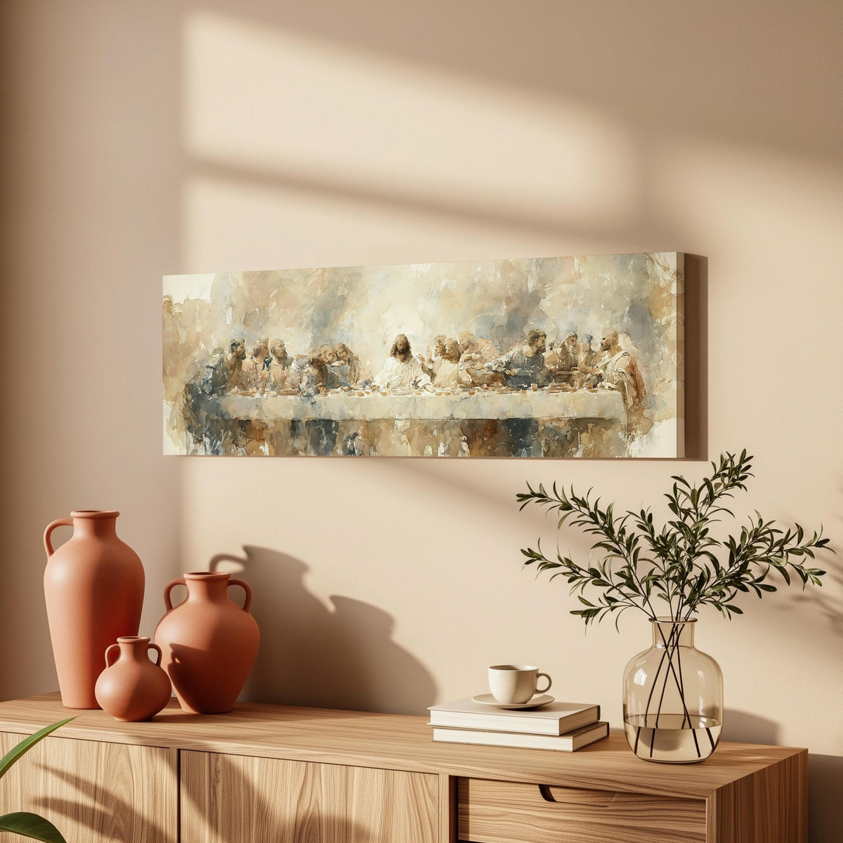 The Last Supper in soft gold tones long horizontal canvas print above a wooden sideboard