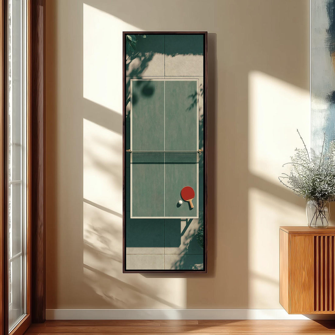 Ping pong table in leafy shadow long vertical canvas print in a sunlit living space