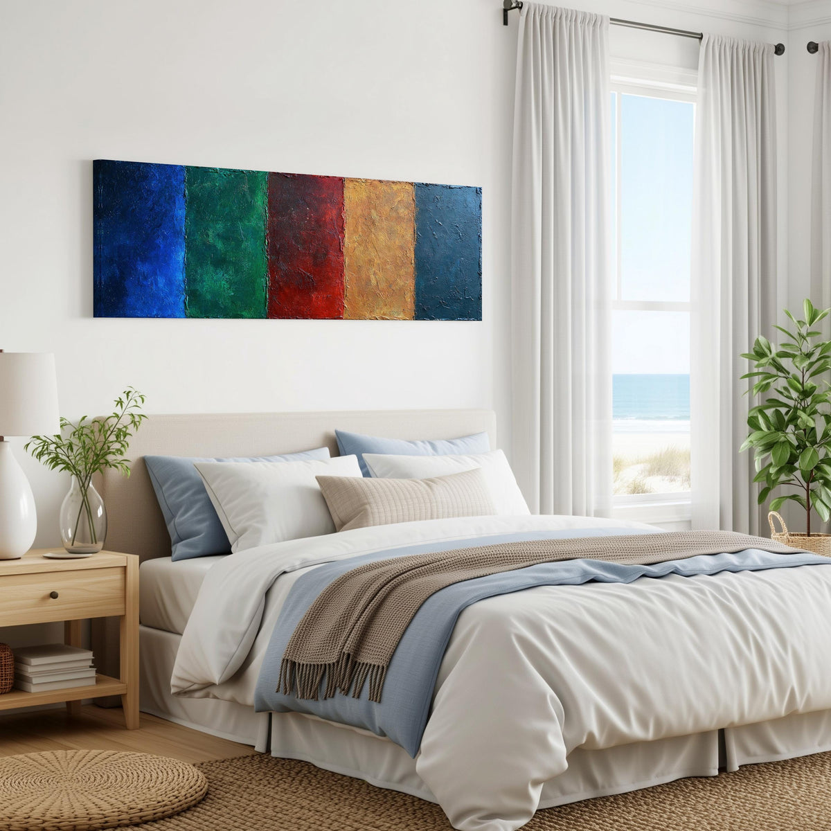 Textured jewel tone vertical bands panoramic canvas print above a bed in a coastal bedroom