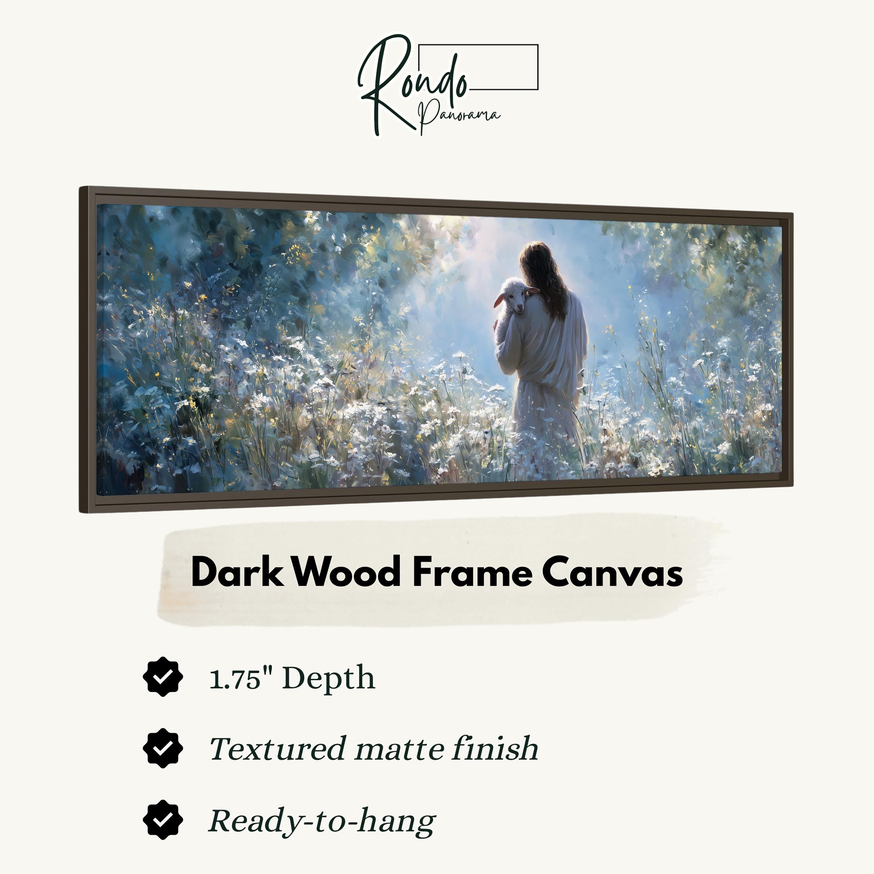 The image is a framed canvas depicting a woman standing in a field of flowers, with a textured matte finish.