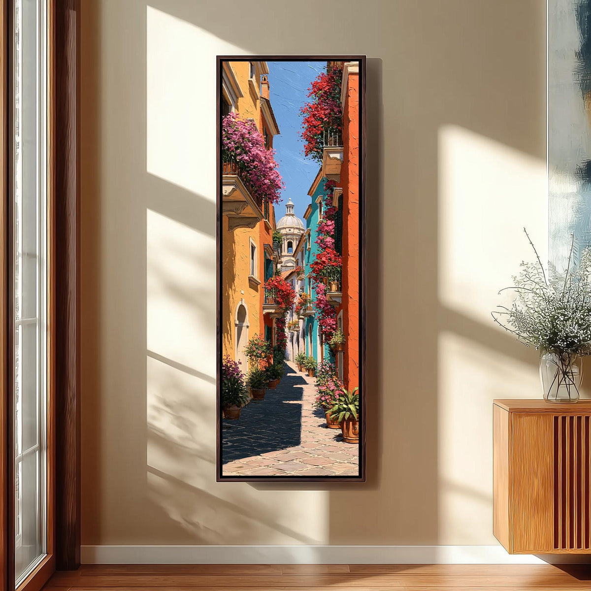 Colorful street with flowered balconies tall skinny canvas print in a sunlit living space
