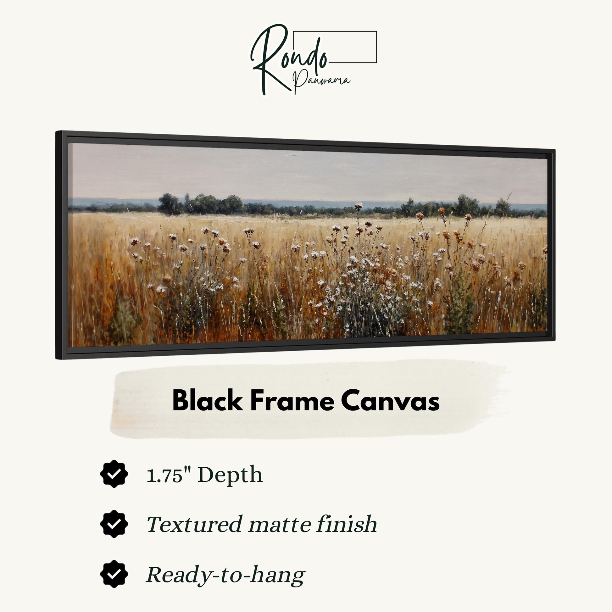 The image is a black frame canvas depicting a field of tall grass with flowers.