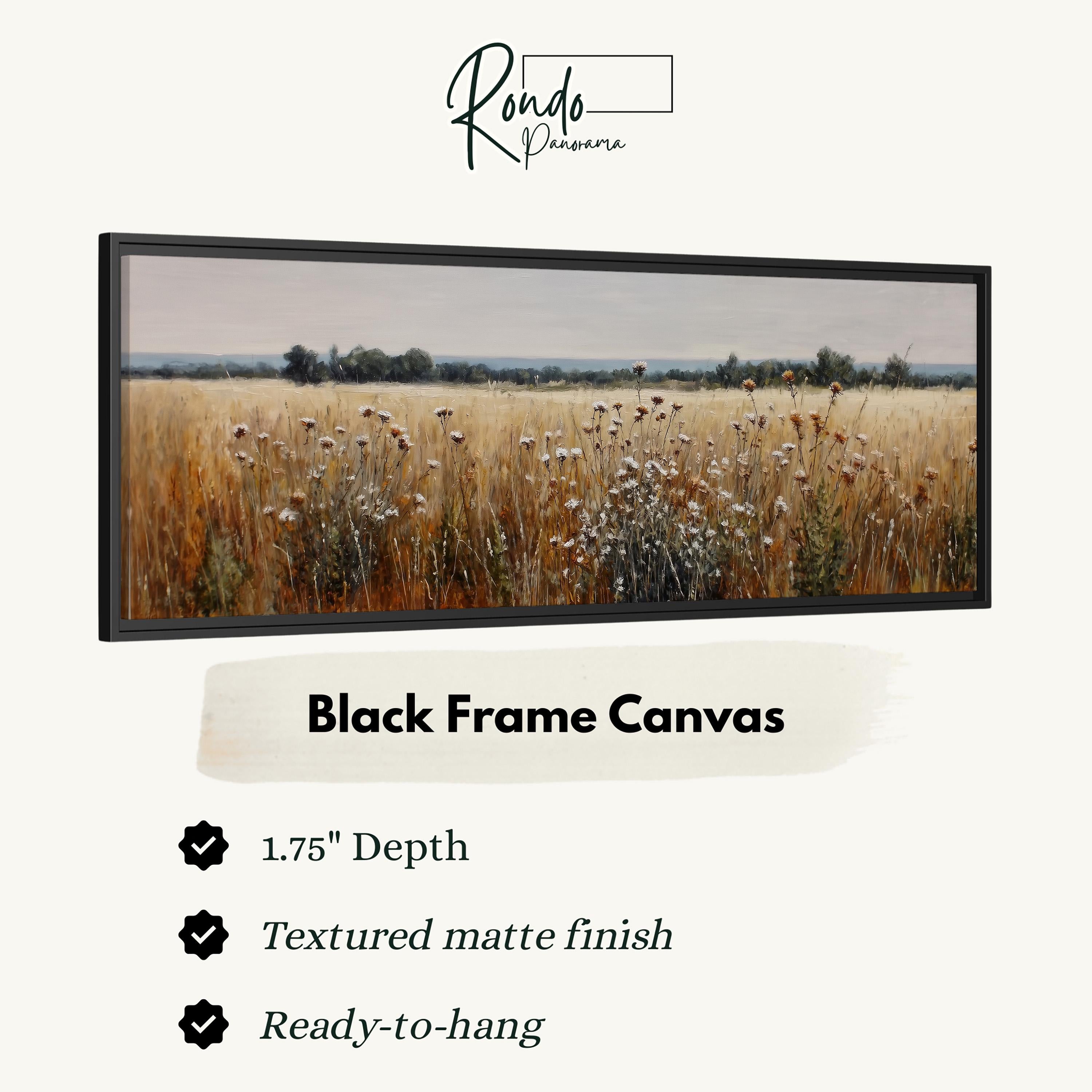 The image is a black frame canvas depicting a field of tall grass with flowers.