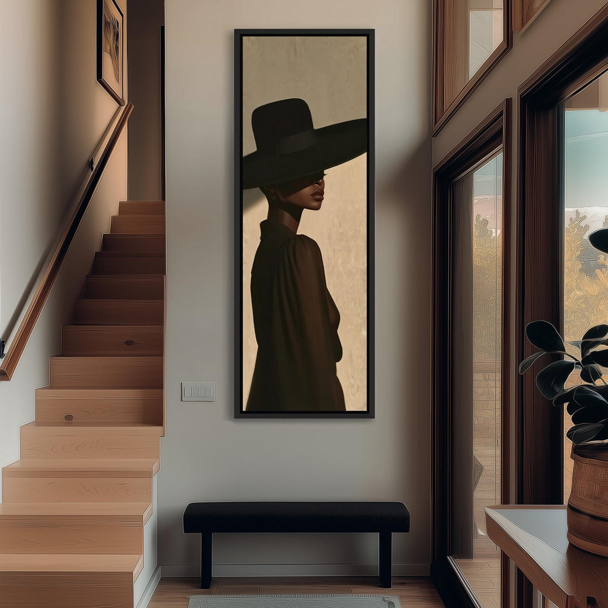 Woman in a wide black hat in profile tall narrow canvas print beside a staircase in an entryway