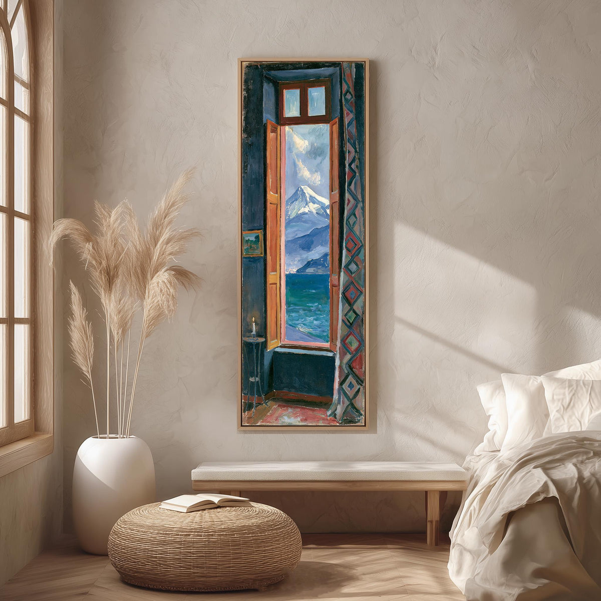 Snowy mountain and sea seen through a tall window long vertical canvas print in a bright reading corner