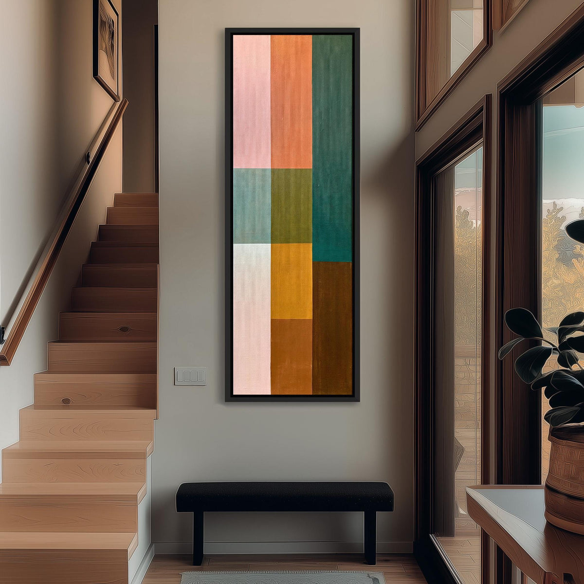 Pastel and earth tone color block grid tall narrow canvas print beside a staircase in an entryway