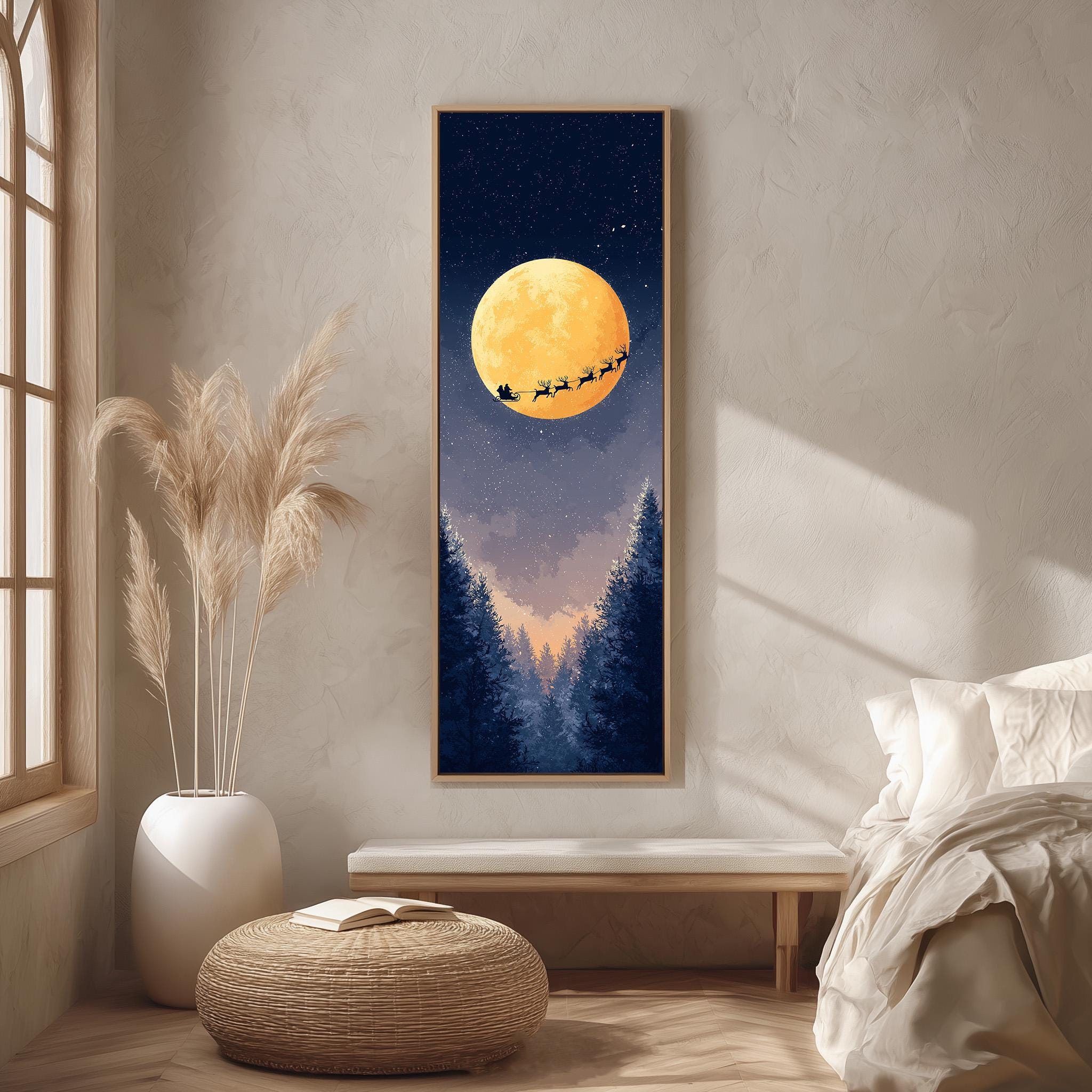 a large, framed painting of a nighttime scene with a full moon, a sleigh in the sky, and a snowy landscape below. The painting is hung on a wall in a room with a bed, a potted plant, and a bench.
