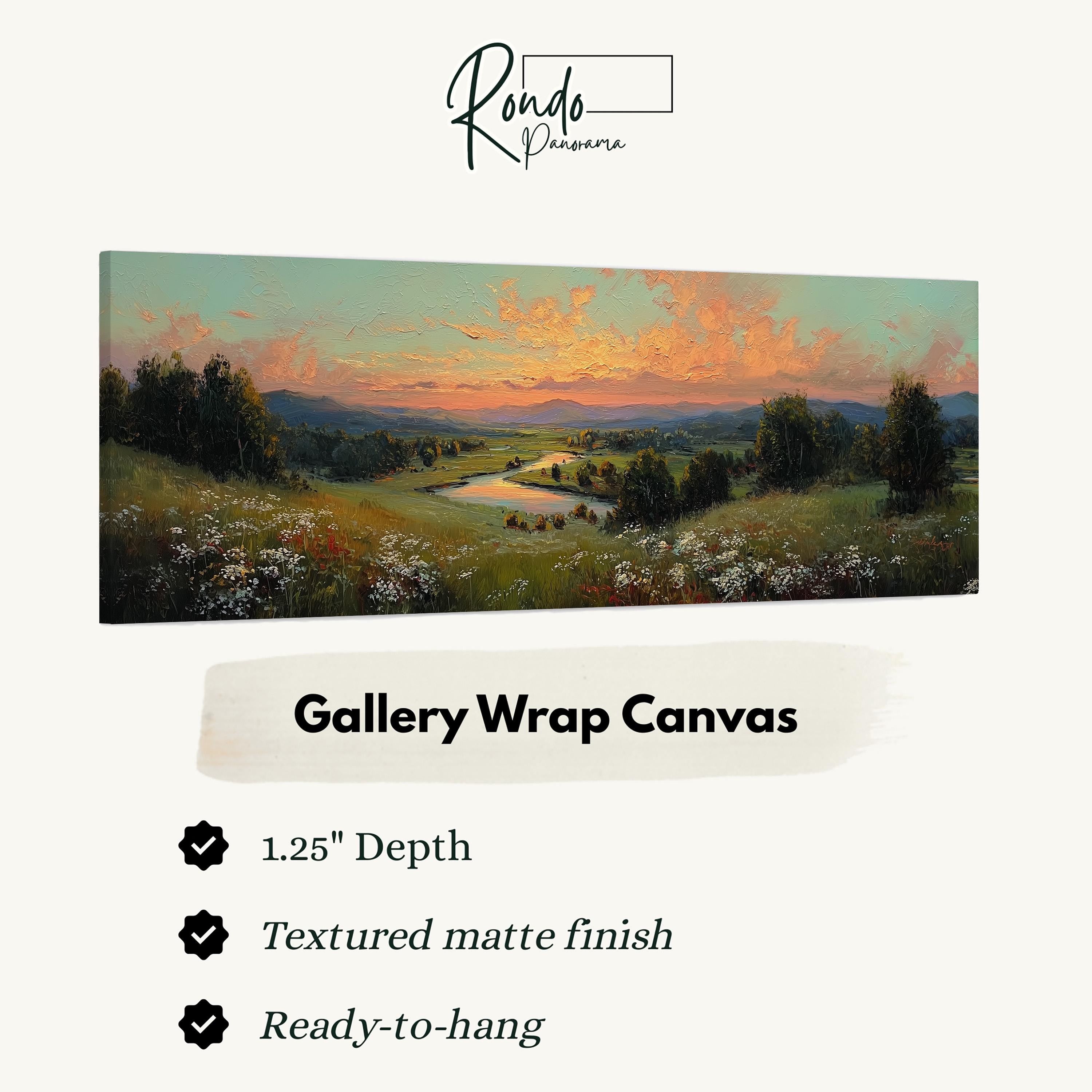 The image is a painting of a landscape with a sunset over a field of flowers.