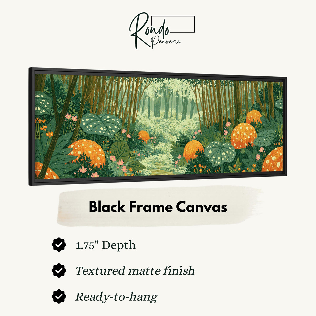 Amber mushroom forest canvas print in a black floating frame