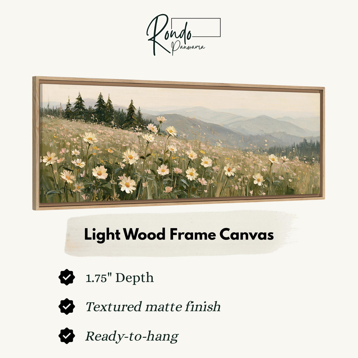 Daisy hillside below blue mountains canvas print in a light wood floating frame
