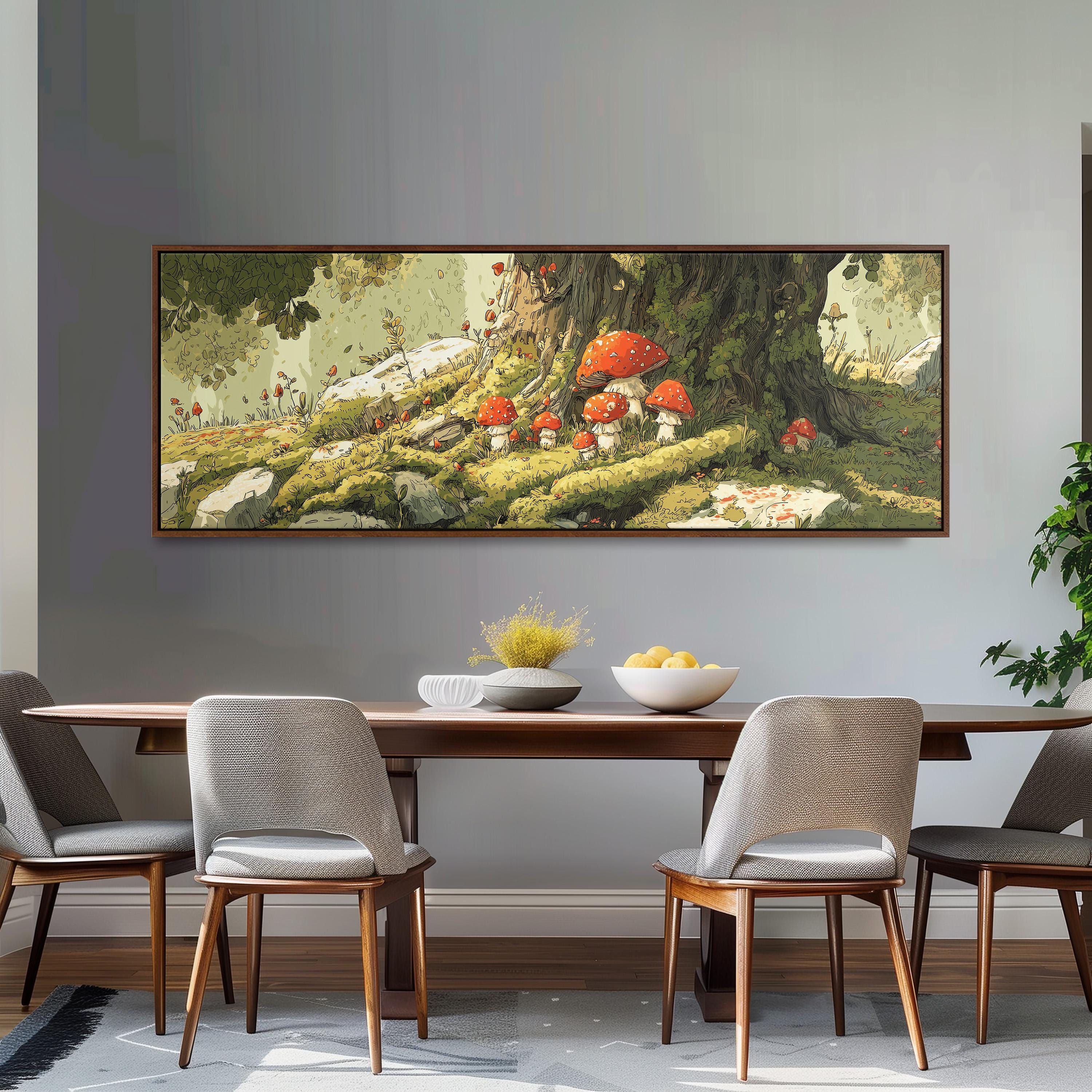 a large painting of mushrooms and a forest scene hanging on a wall above a wooden dining table with four chairs.
