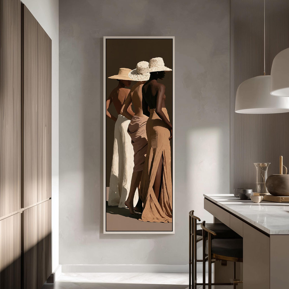 Three women in sun hats and evening gowns tall skinny canvas print in a modern kitchen