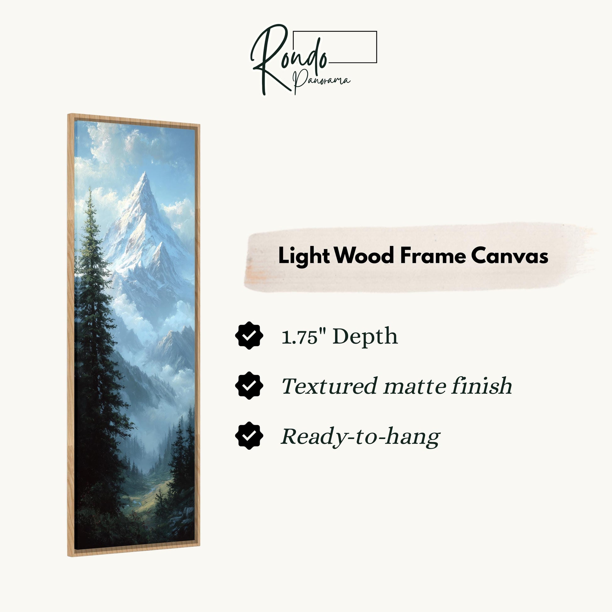 The image is a light wood frame canvas depicting a mountain landscape with a forest in the background.
