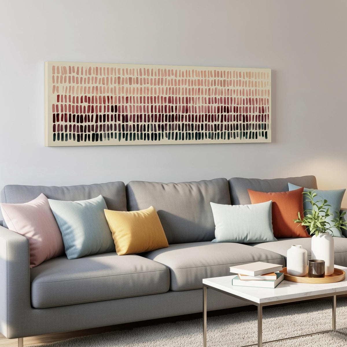 Brushmarks fading from blush to deep maroon panoramic canvas print above a grey sofa in a living room