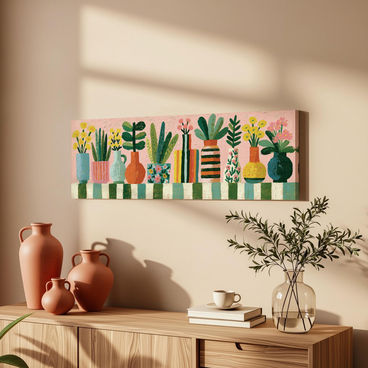Row of boho potted plants long horizontal canvas print above a wooden sideboard