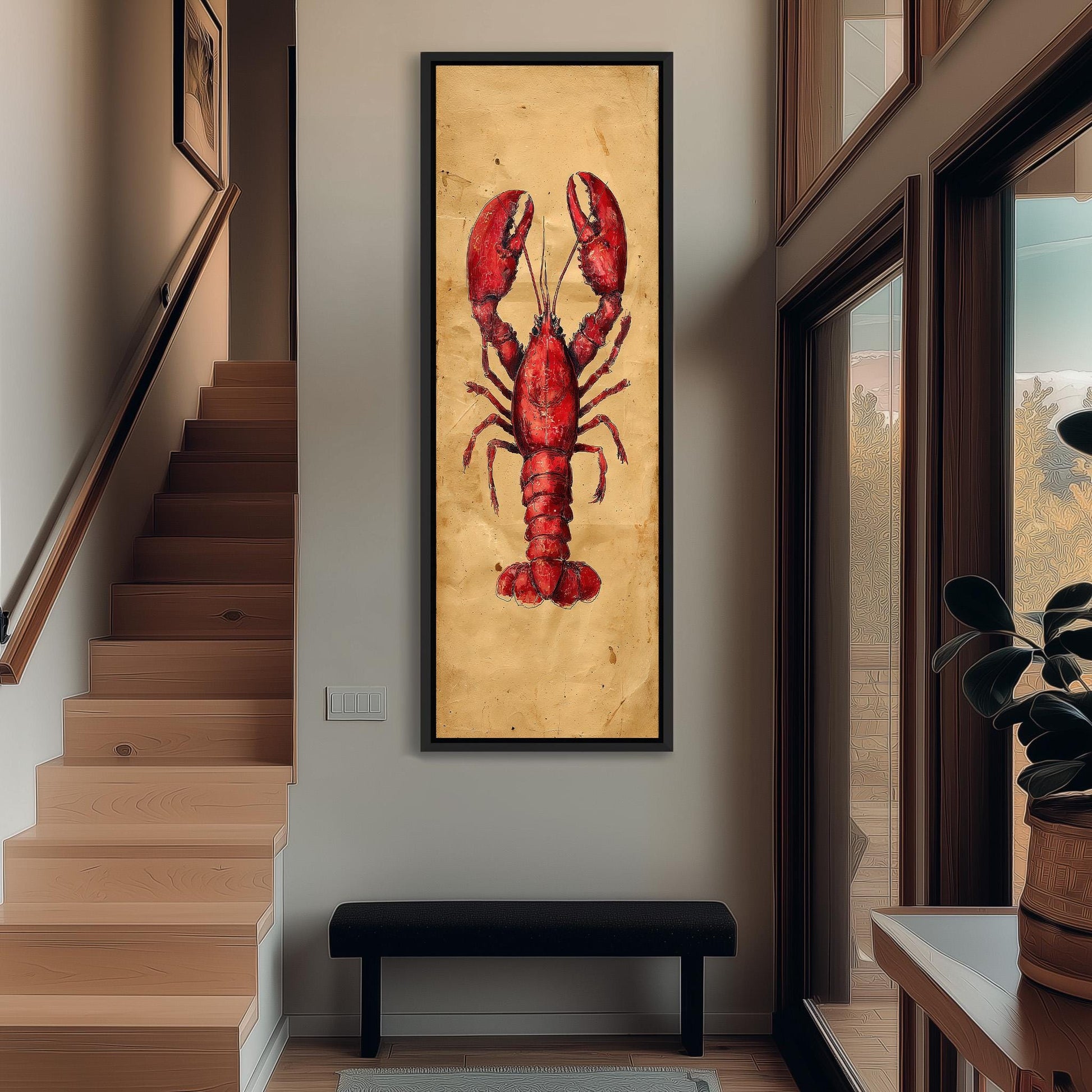 a large framed painting of a red lobster hanging on the wall in a hallway.