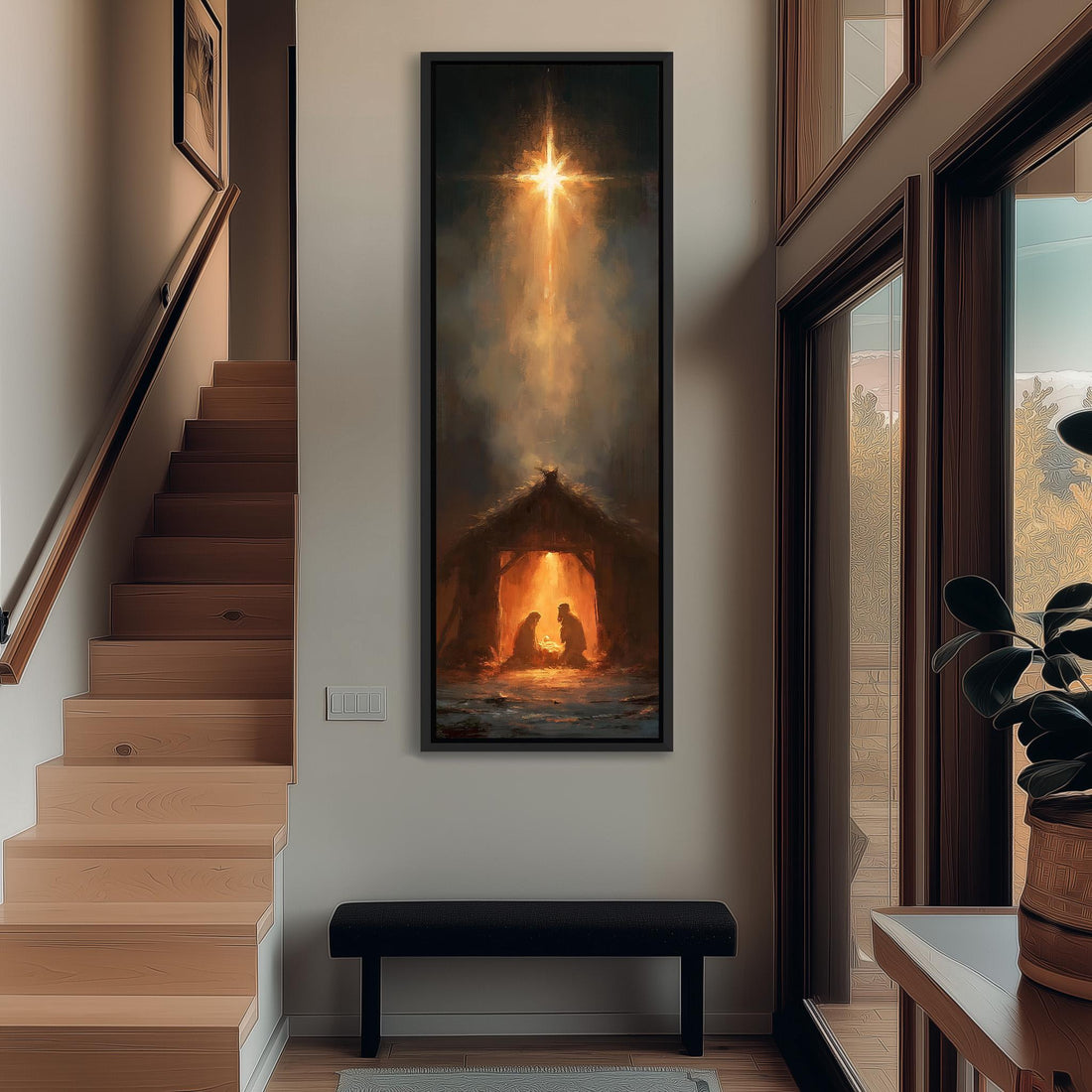 Star of Bethlehem shining over the manger long vertical canvas print in a sunlit living space