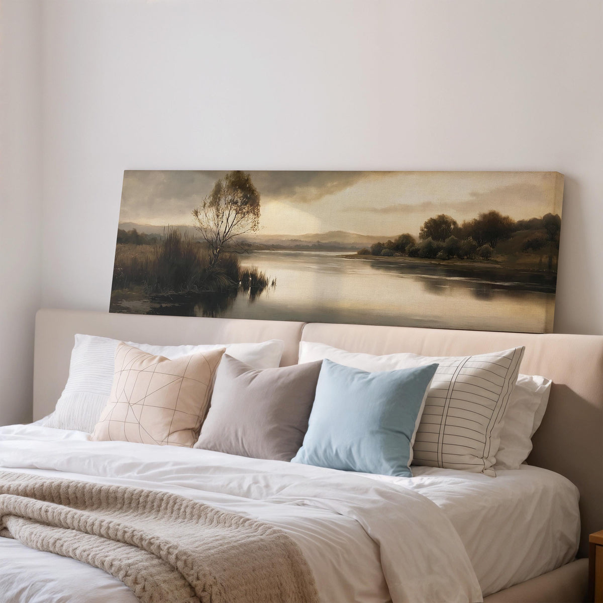Misty river reflection at dusk wide panoramic canvas print above a bed in a bedroom