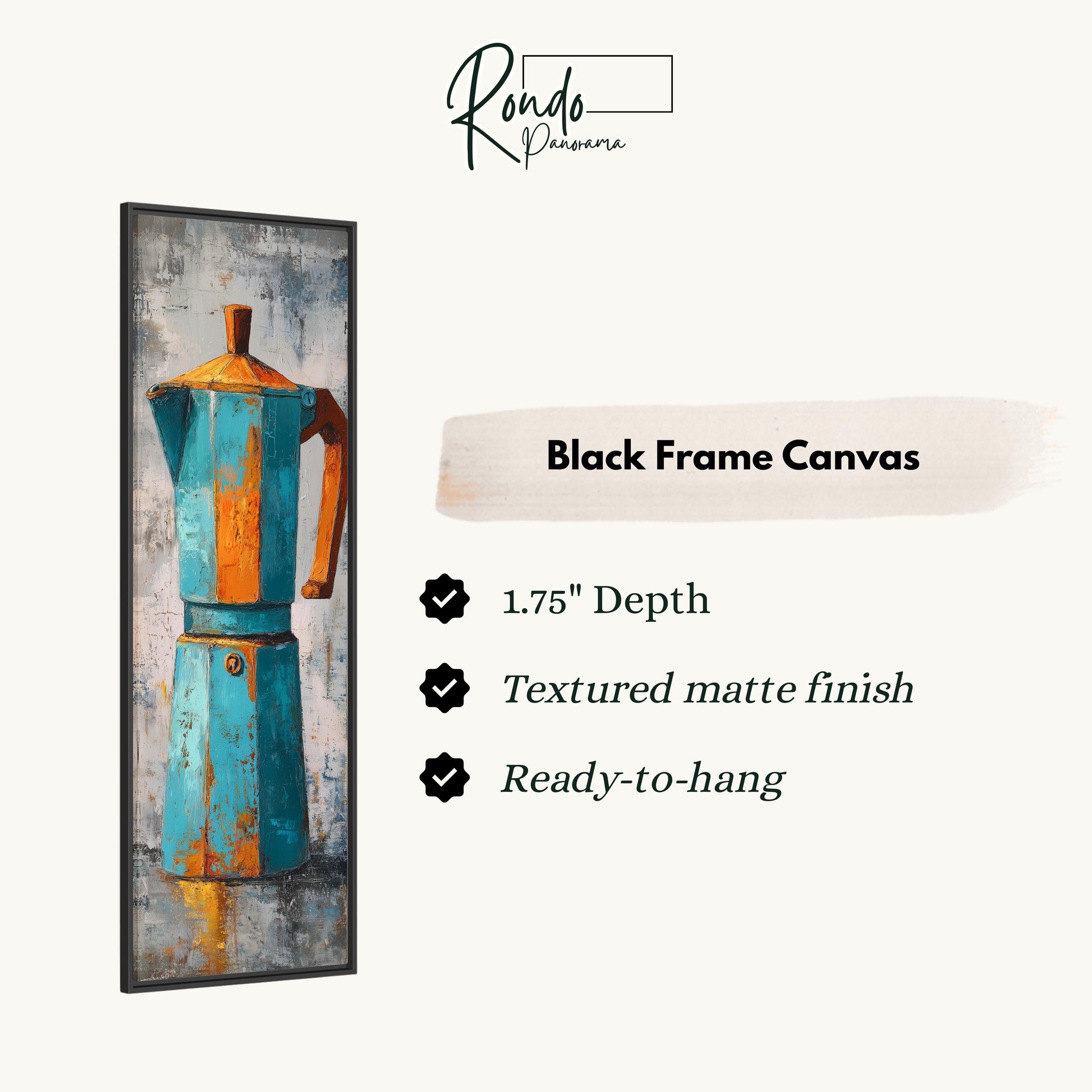The image is a black frame canvas depicting a blue and orange coffee pot.