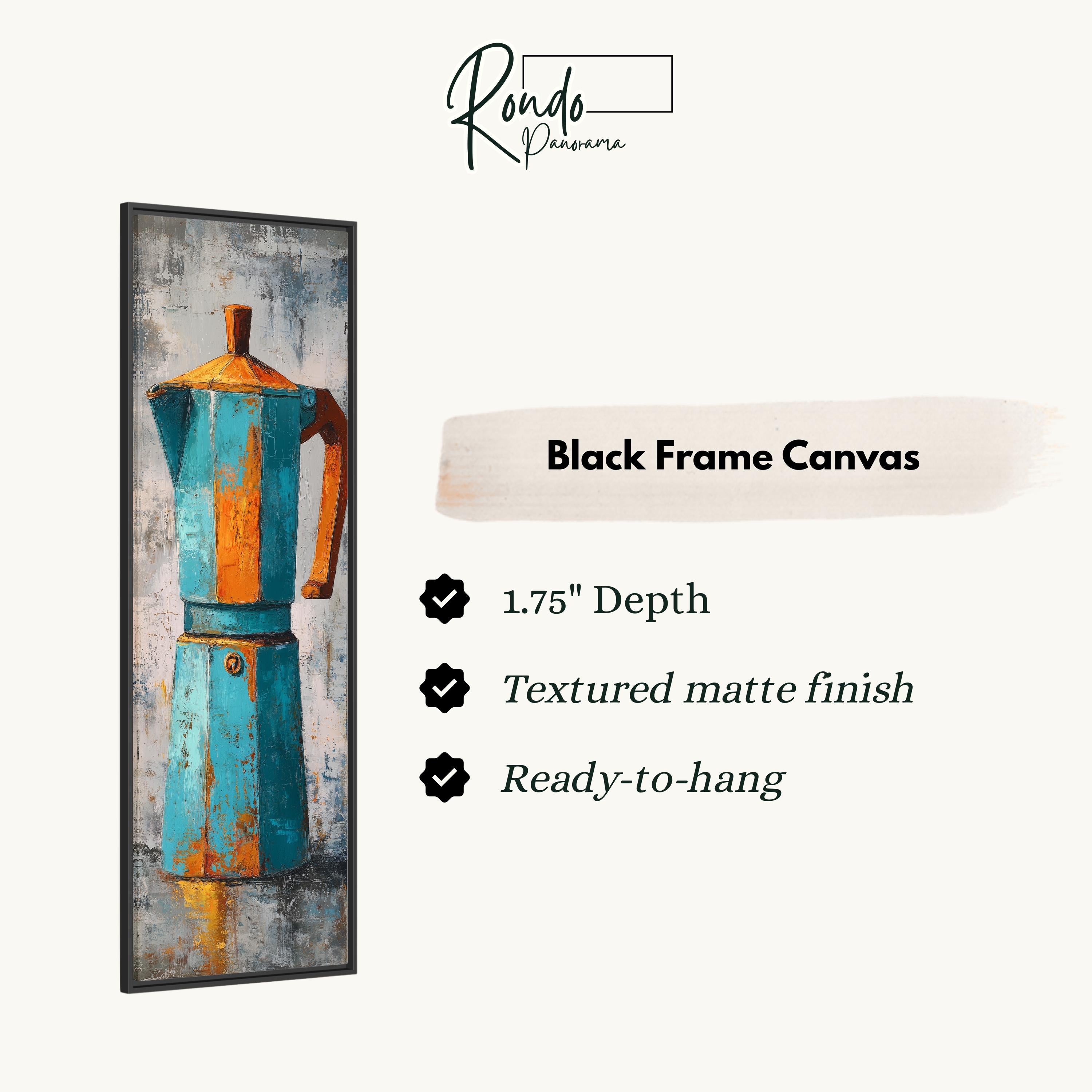 The image is a black frame canvas depicting a blue and orange coffee pot.